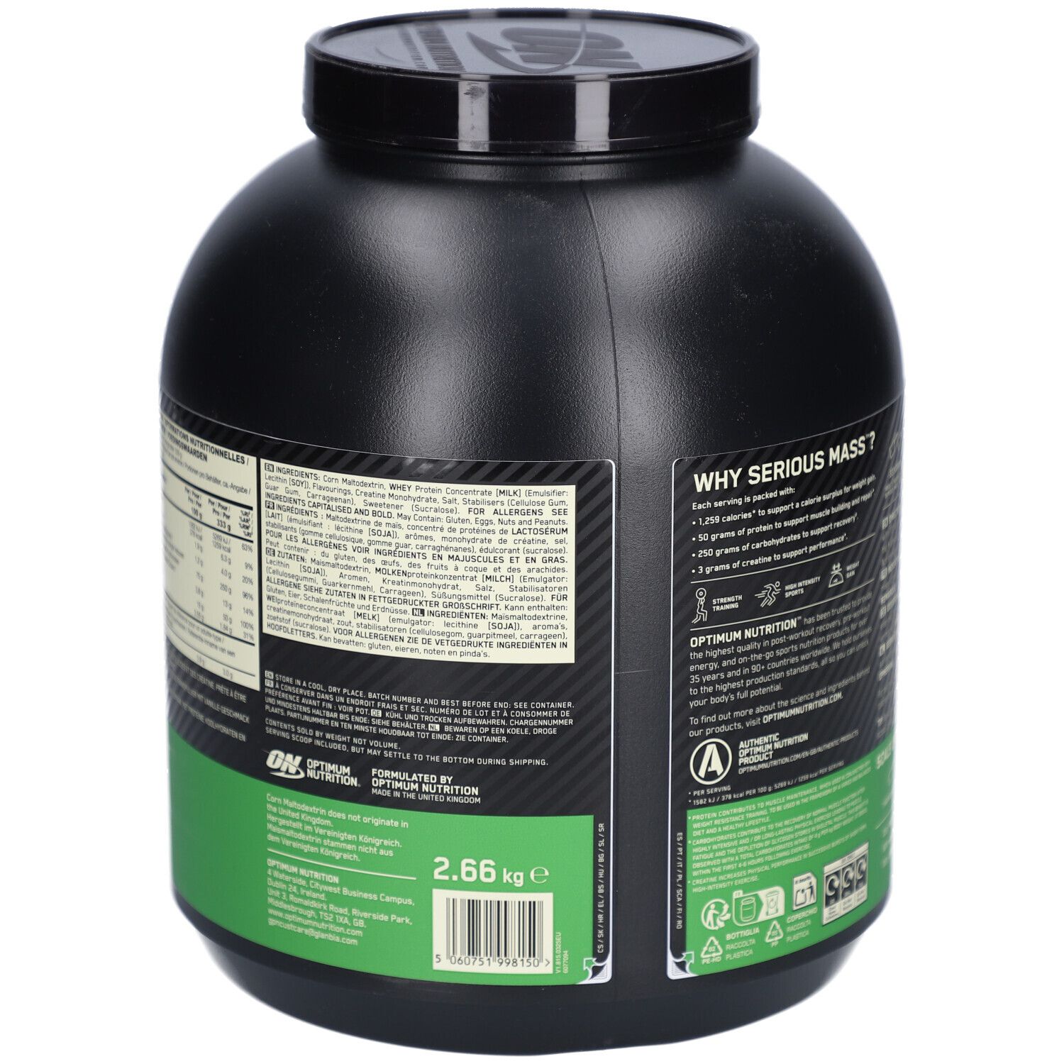 Schwarzer Behälter mit grünem Etikett. Rückseite mit Nährwertangaben und Inhaltsstoffen. Text in mehreren Sprachen.