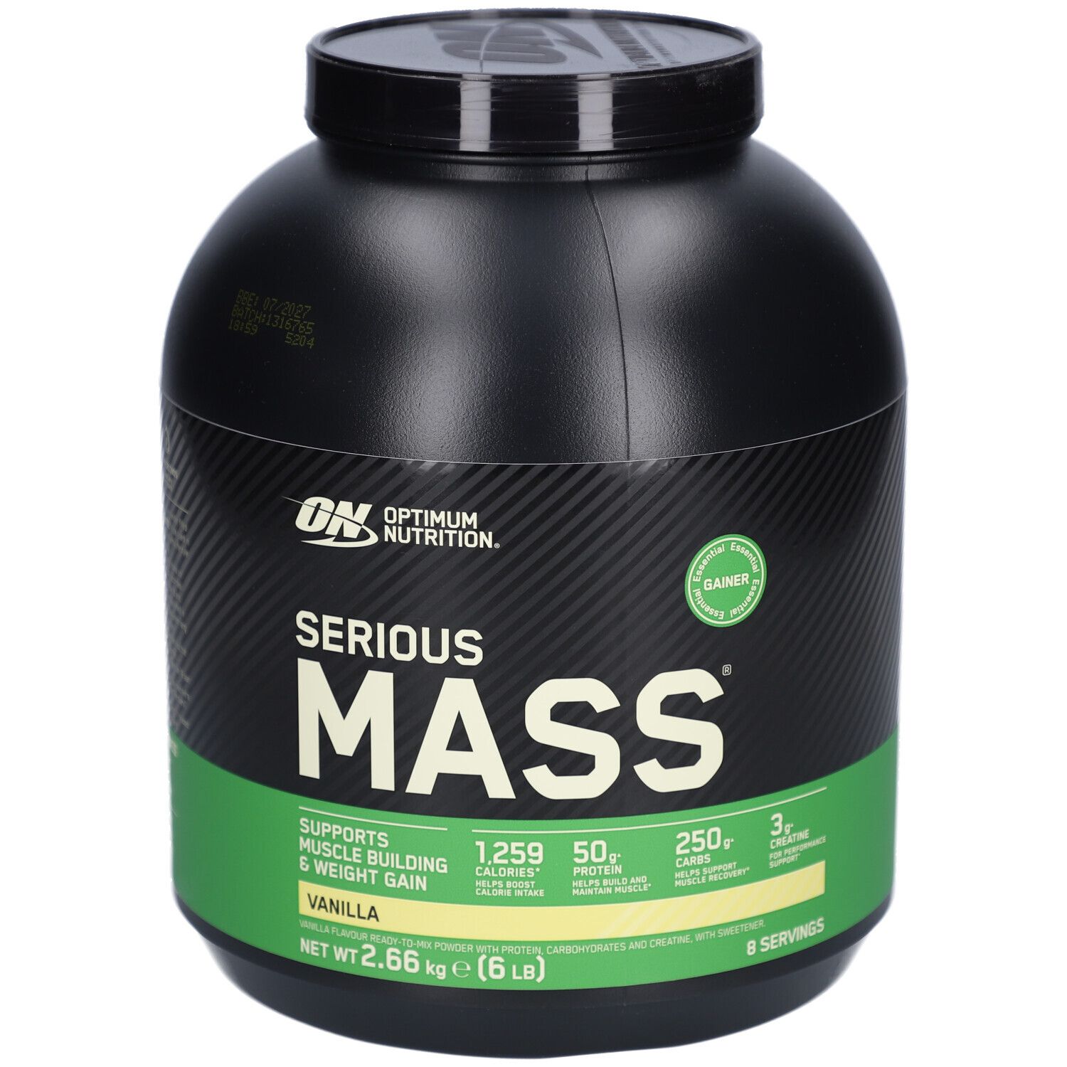 Schwarzer Behälter mit grünem Etikett. Aufschrift: Serious Mass, Vanilla. Enthält 1259 Kalorien, 50g Protein, 250g Kohlenhydrate.