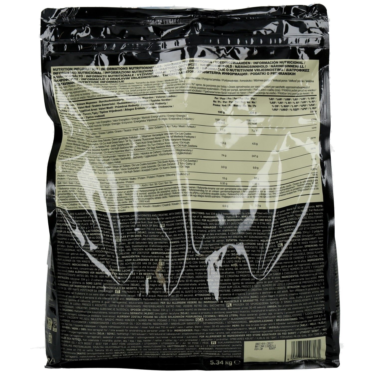 Schwarze Verpackung mit Nährwertangaben. Text in mehreren Sprachen. Gewicht: 5,34 kg.