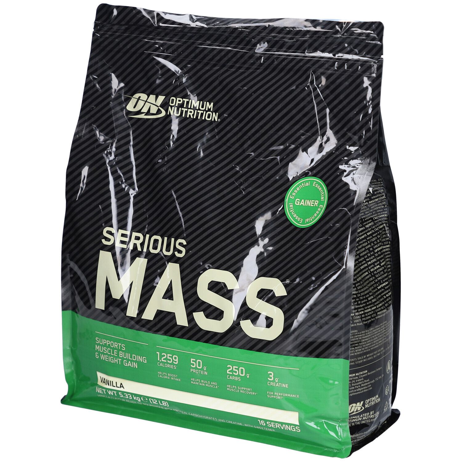 Schwarze Tüte mit "Optimum Nutrition Serious Mass Vanilla". Grün-weiße Details. Enthält Nährwertangaben und das Wort "Gainer".