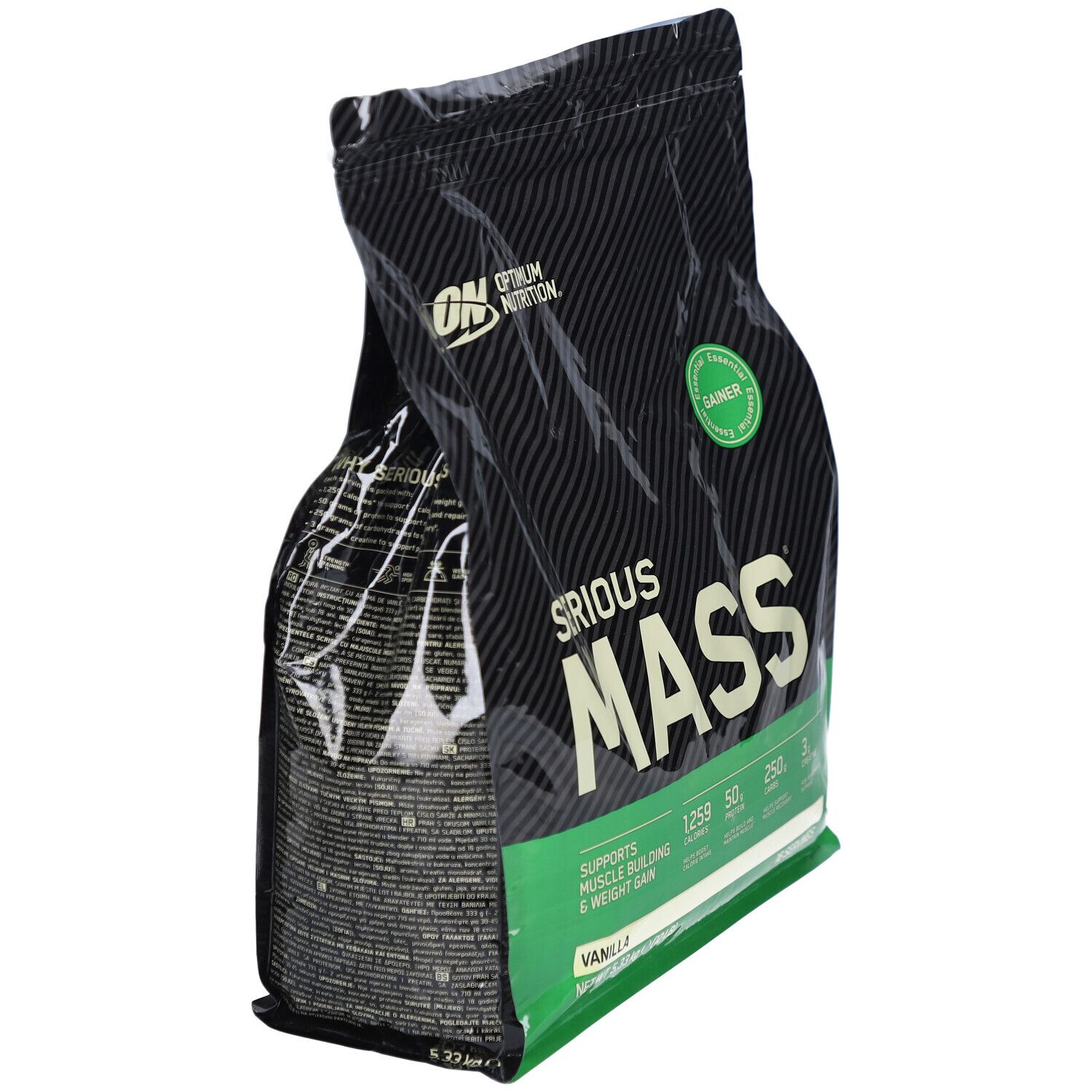 Schwarze Tüte "Optimum Nutrition Serious Mass Vanilla" im Winkel. Grün-weiße Details. Enthält Nährwertangaben und das Wort "Gainer".