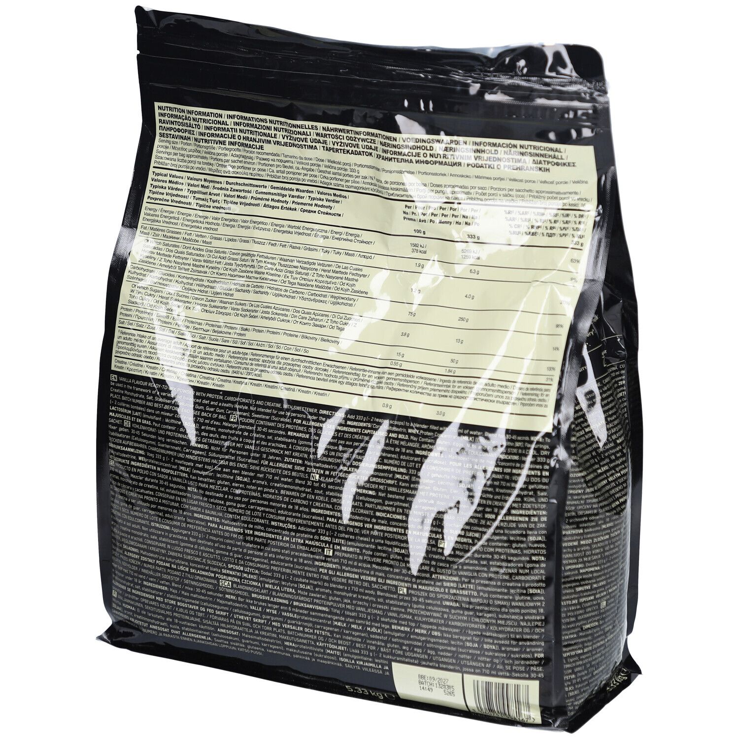 Rückseite der schwarzen Tüte "Optimum Nutrition Serious Mass Vanilla". Text in mehreren Sprachen. Enthält Nährwertangaben.