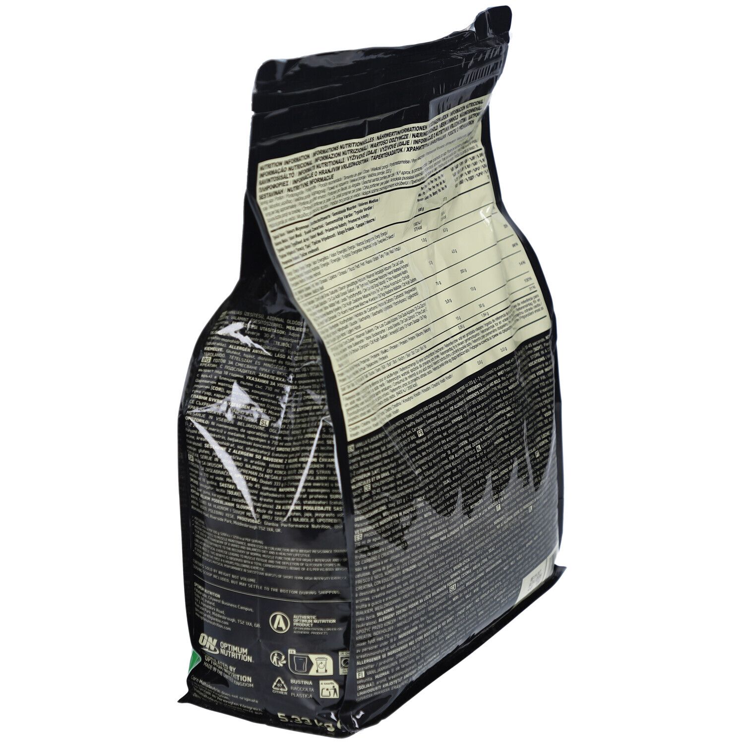 Rückseite der schwarzen Tüte "Optimum Nutrition Serious Mass Vanilla" im Winkel. Text in mehreren Sprachen. Nährwertangaben.
