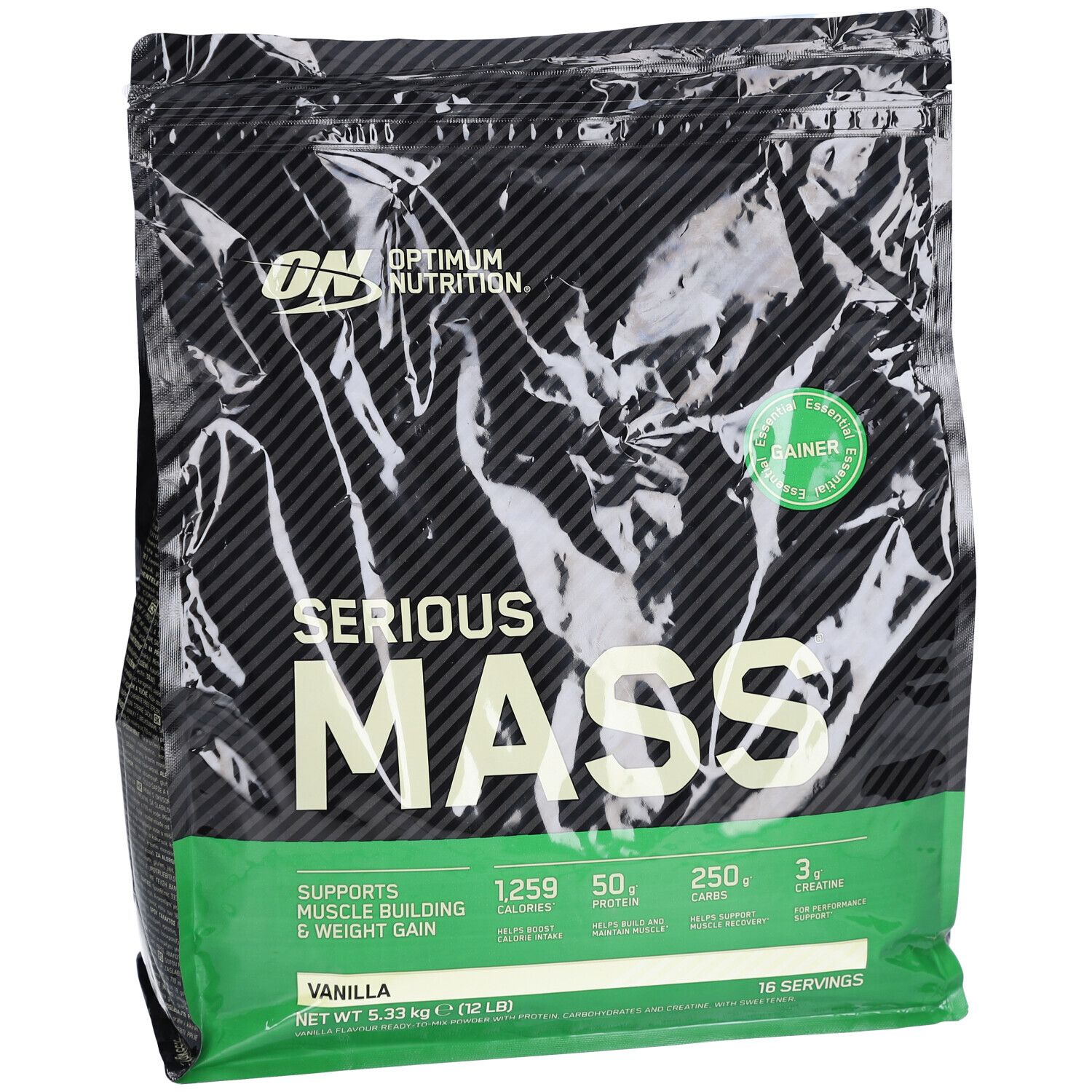 Schwarze Tüte "Optimum Nutrition Serious Mass Vanilla". Grün-weiße Details. Enthält Nährwertangaben und das Wort "Gainer".
