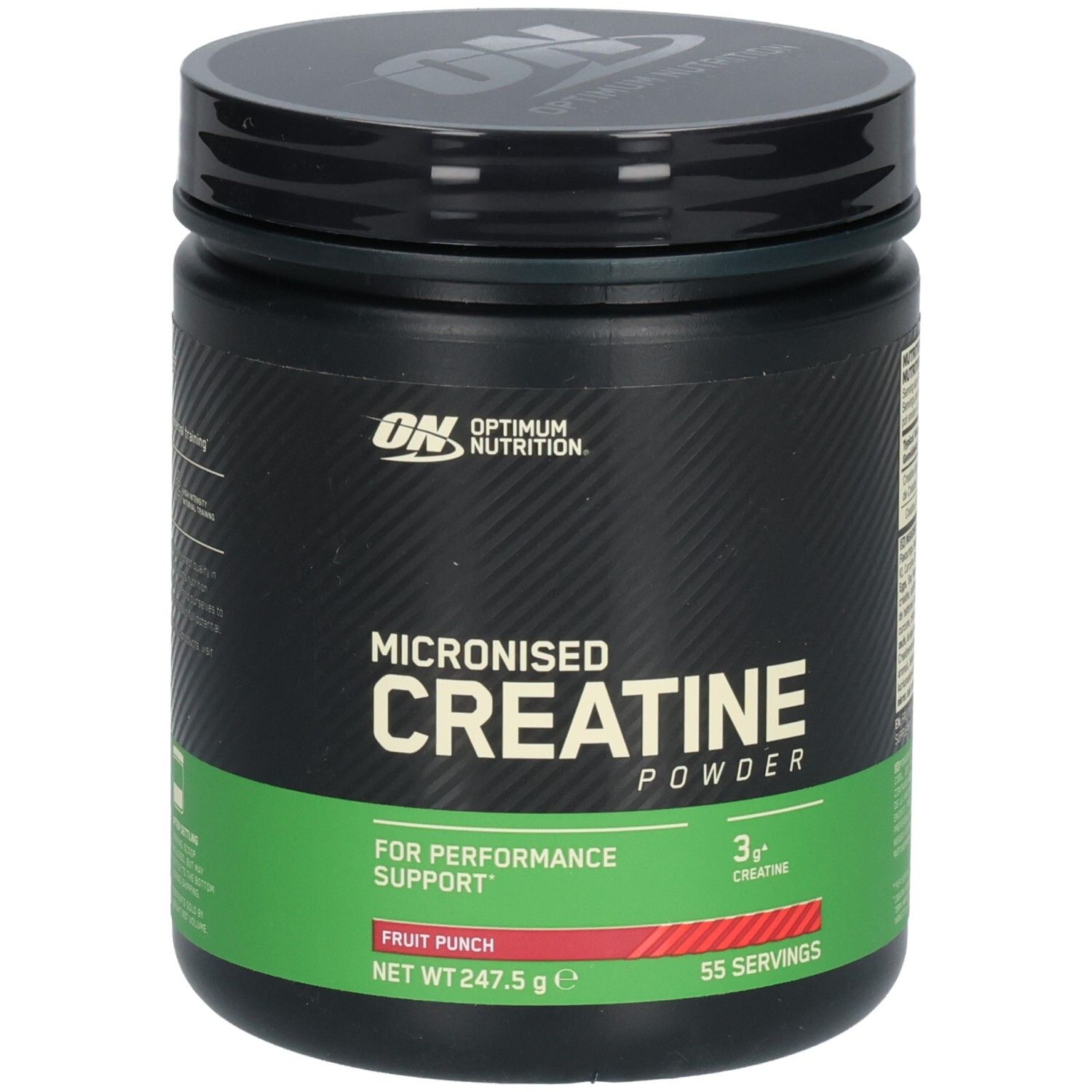 Schwarze Dose mit Deckel. Aufschrift: Micronised Creatine Powder, Fruit Punch, 55 Portionen. Marke: Optimum Nutrition.