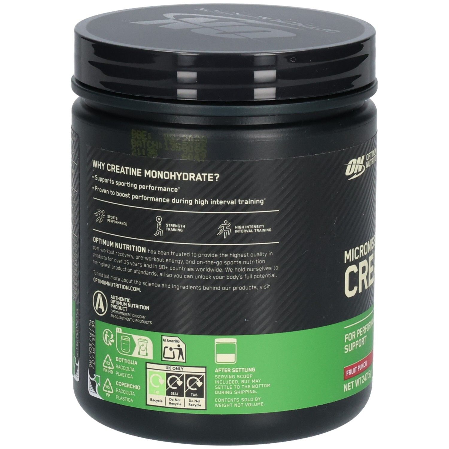 Rückseite der Dose. Text: Warum Creatin Monohydrat? Unterstützt sportliche Leistung. Marke: Optimum Nutrition. Recycling-Symbole.