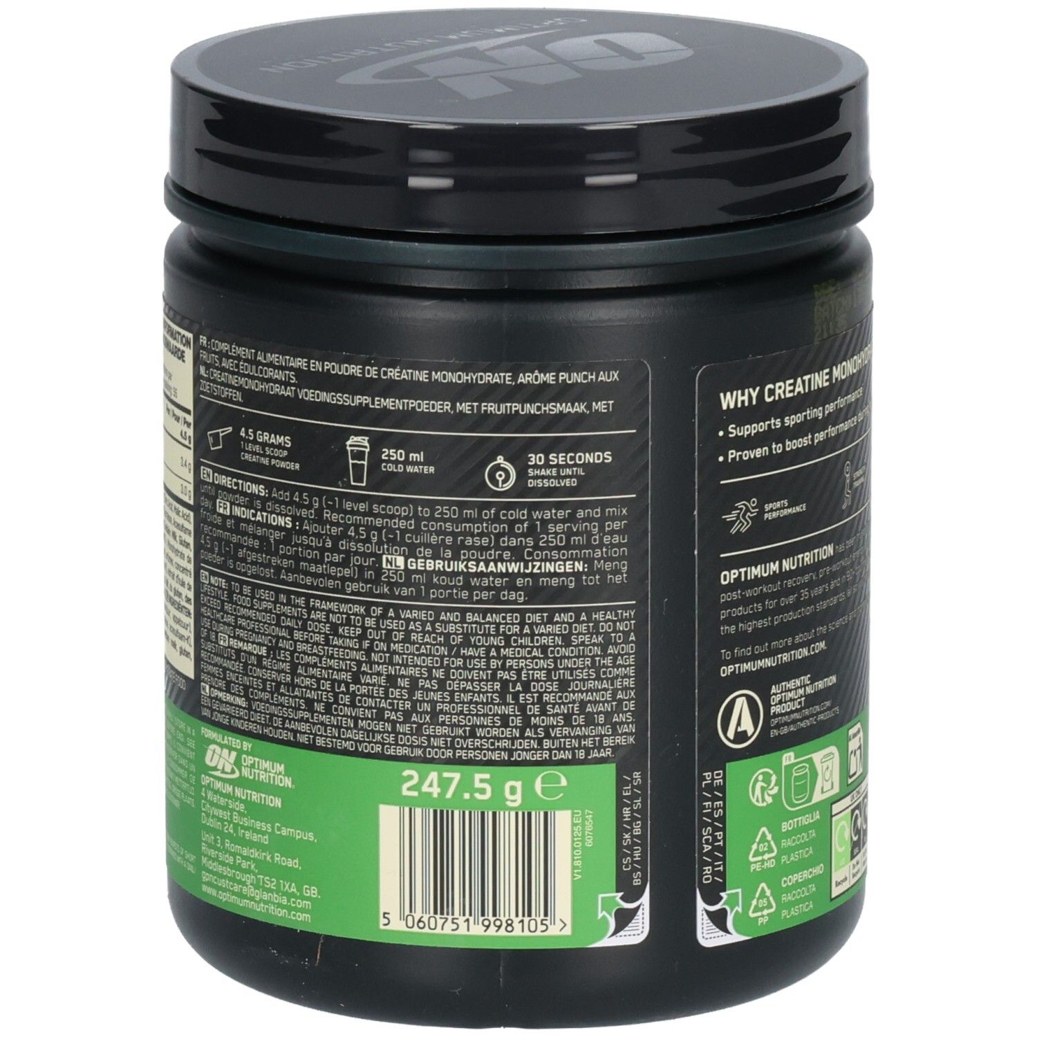 Rückseite der Dose. Text: Inhaltsstoffe, Dosierung, Gebrauchsanweisung. Marke: Optimum Nutrition. Gewicht: 247,5 g. Barcode.