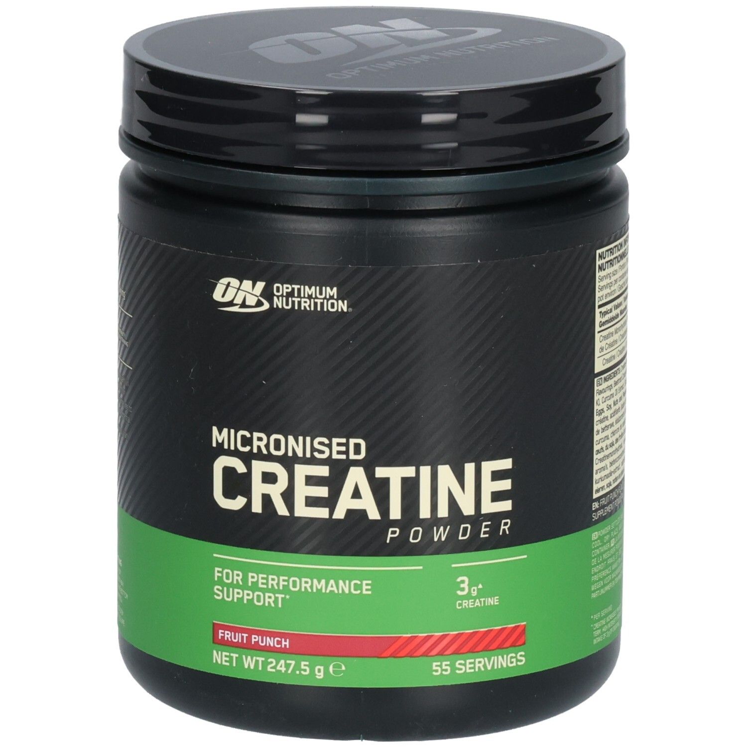 Schwarze Dose mit Deckel. Aufschrift: Micronised Creatine Powder, Fruit Punch, 55 Portionen. Marke: Optimum Nutrition.