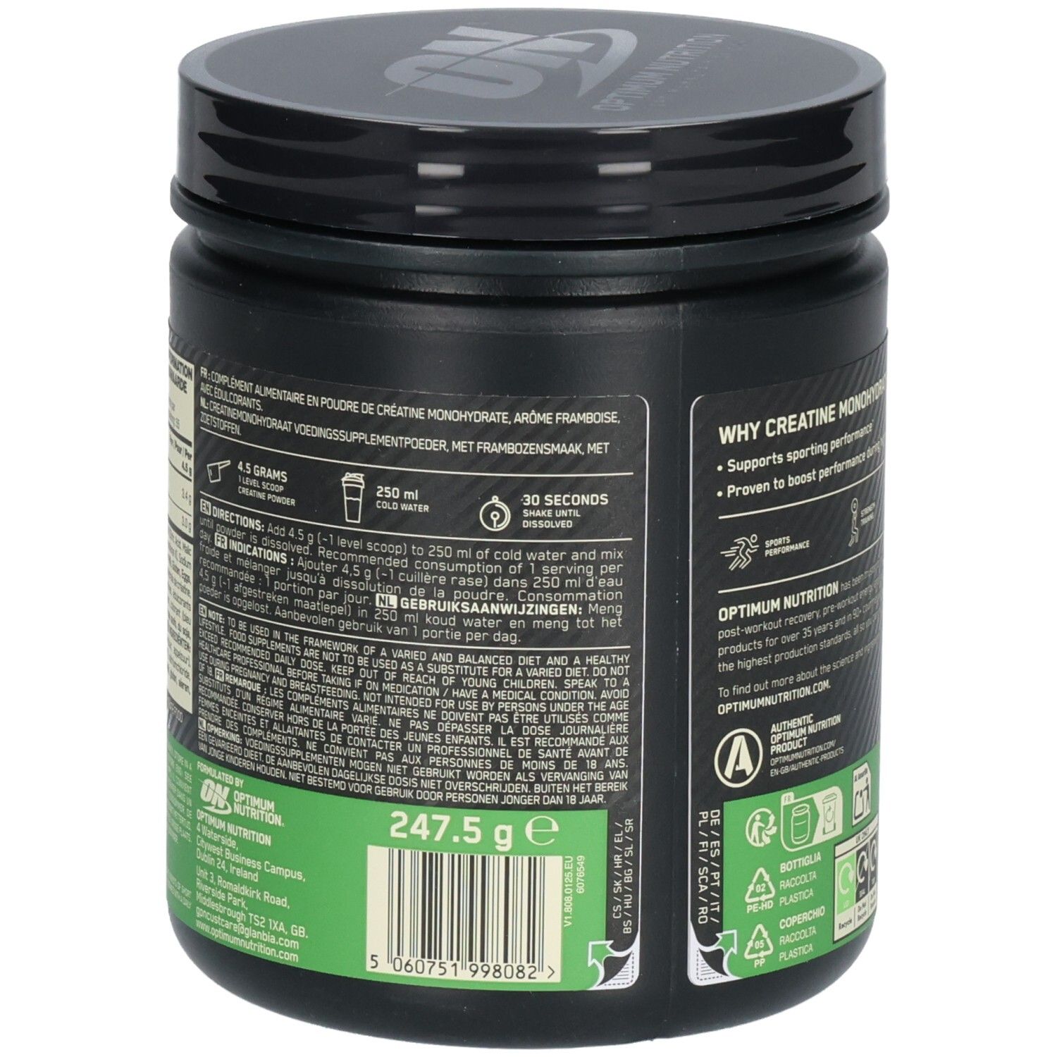 Rückseite der schwarzen Dose. Text mit Dosierungsanweisungen und Nährwertangaben. Grün-blaue Banderole.