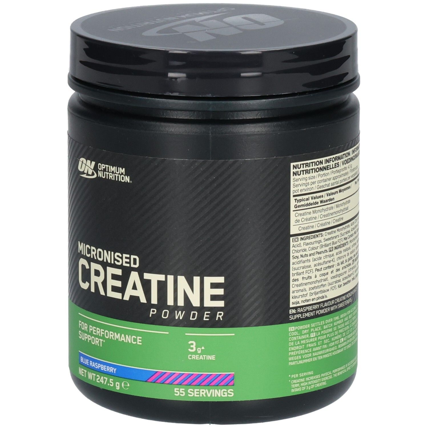 Schwarze Dose mit "Optimum Nutrition" und "Micronised Creatine Powder". Grün-blaue Banderole mit Produktangaben.