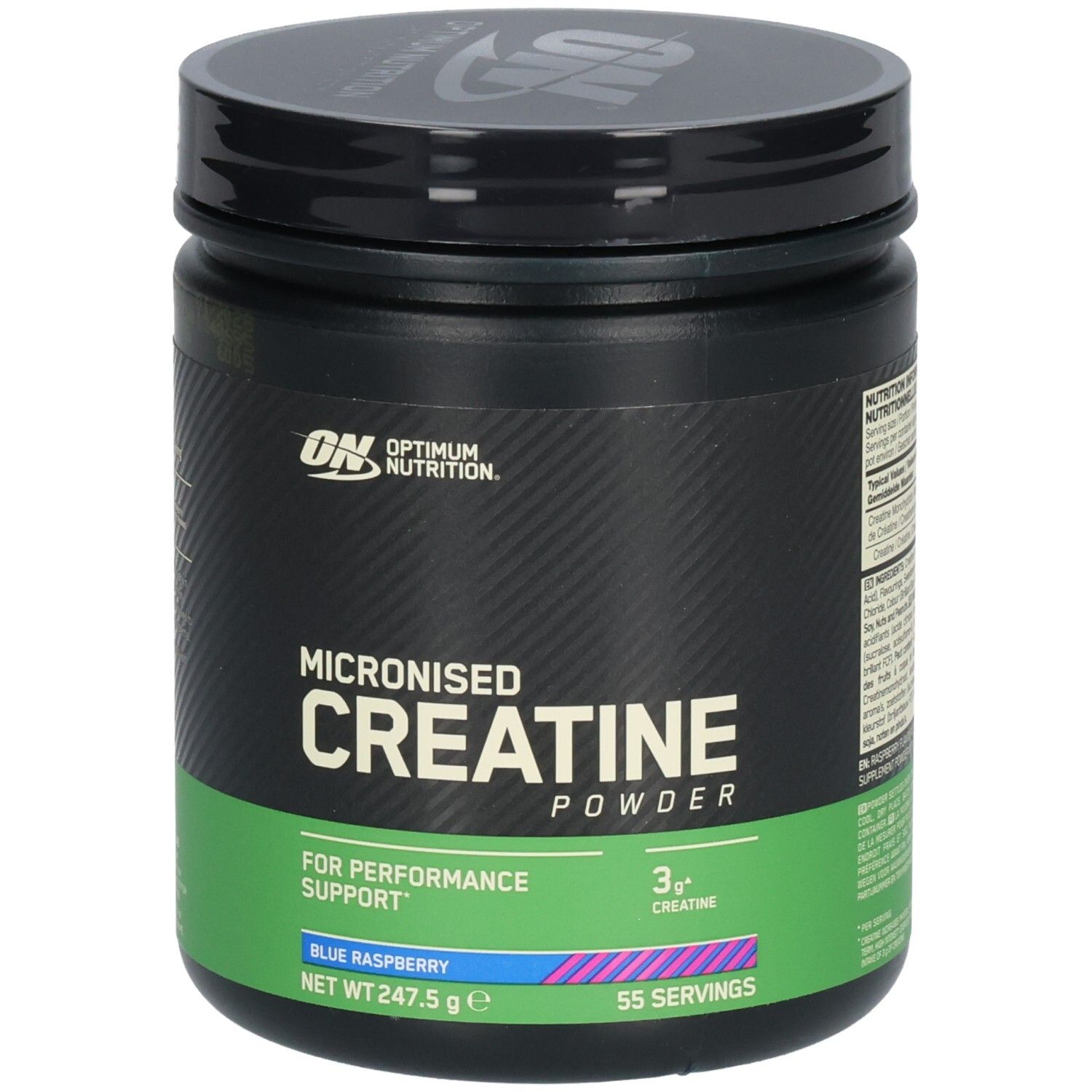Schwarze Dose mit "Optimum Nutrition" und "Micronised Creatine Powder". Grün-blaue Banderole mit Produktangaben.