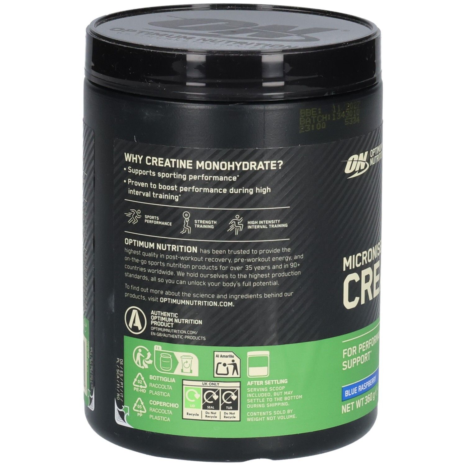 Rückseite der schwarzen Dose. Text: Warum Creatin Monohydrat? Unterstützt die sportliche Leistung.