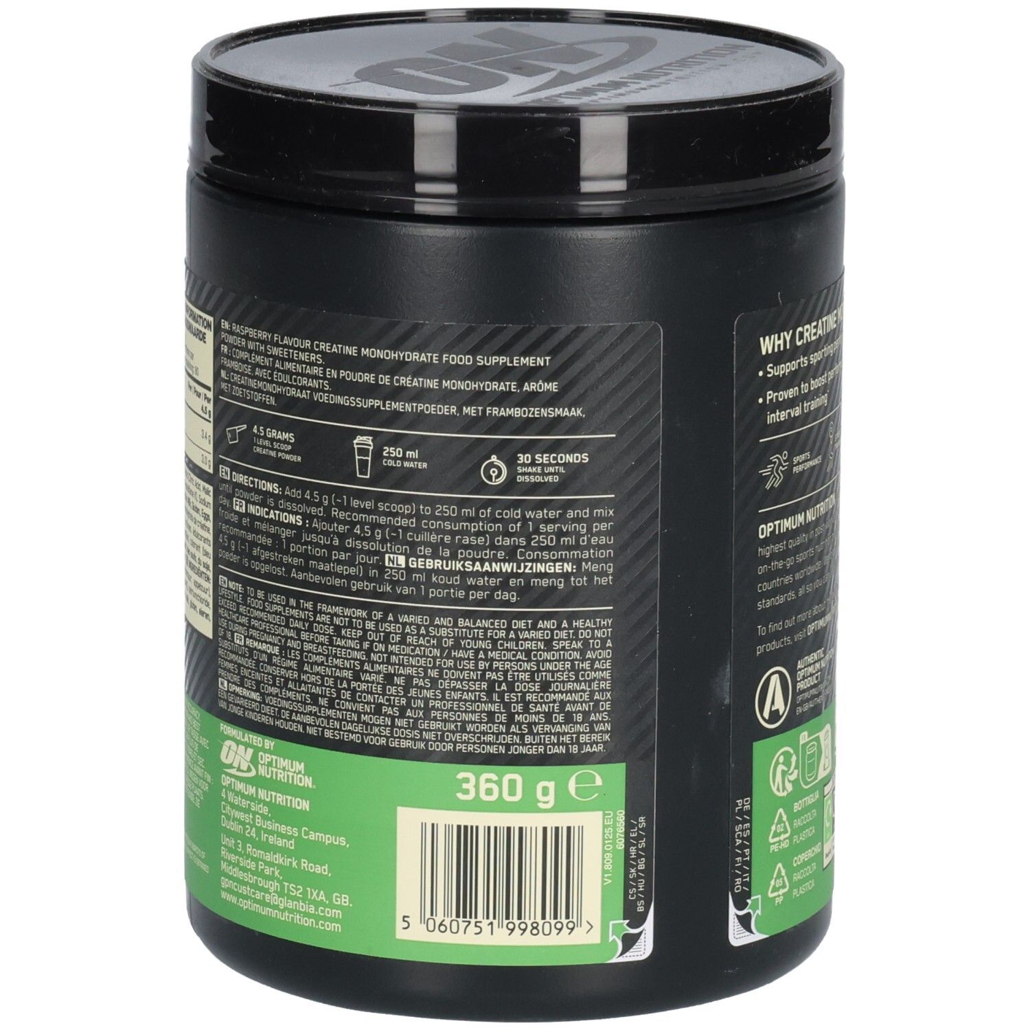 Rückseite der Dose mit Text: Himbeergeschmack, Creatin Monohydrat, 360g, Gebrauchsanweisung.