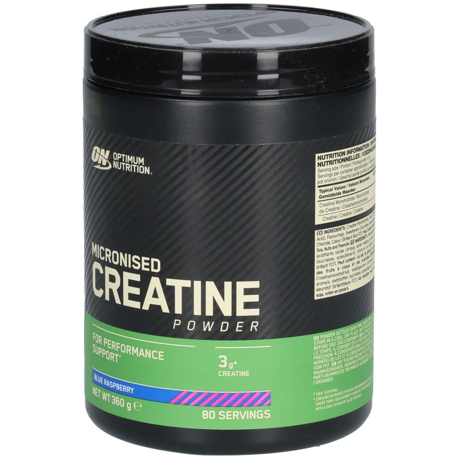 Schwarze Dose mit ON-Logo und Text: Micronised Creatine Powder, Blue Raspberry. 360g, 80 Portionen.