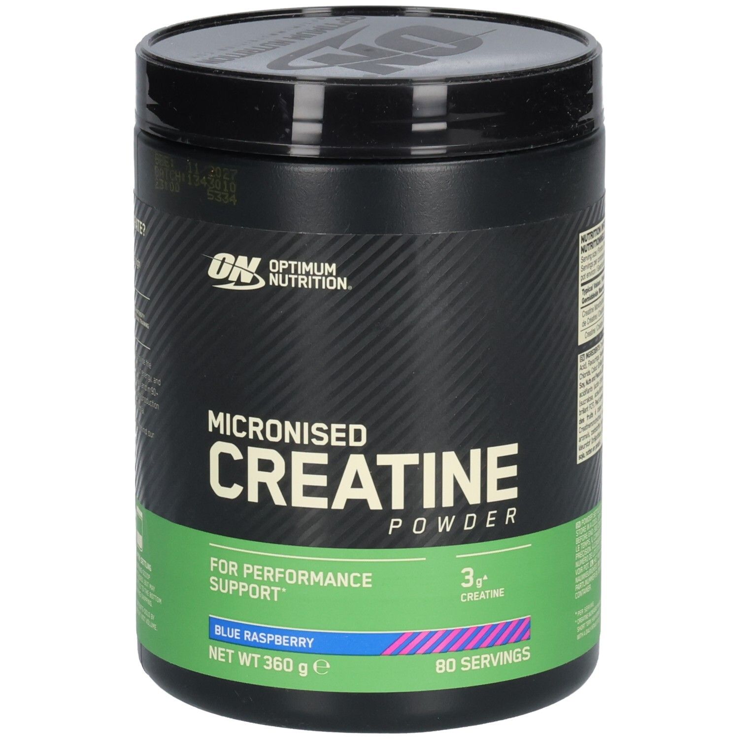 Schwarze Dose mit ON-Logo und Text: Micronised Creatine Powder, Blue Raspberry. 360g, 80 Portionen.