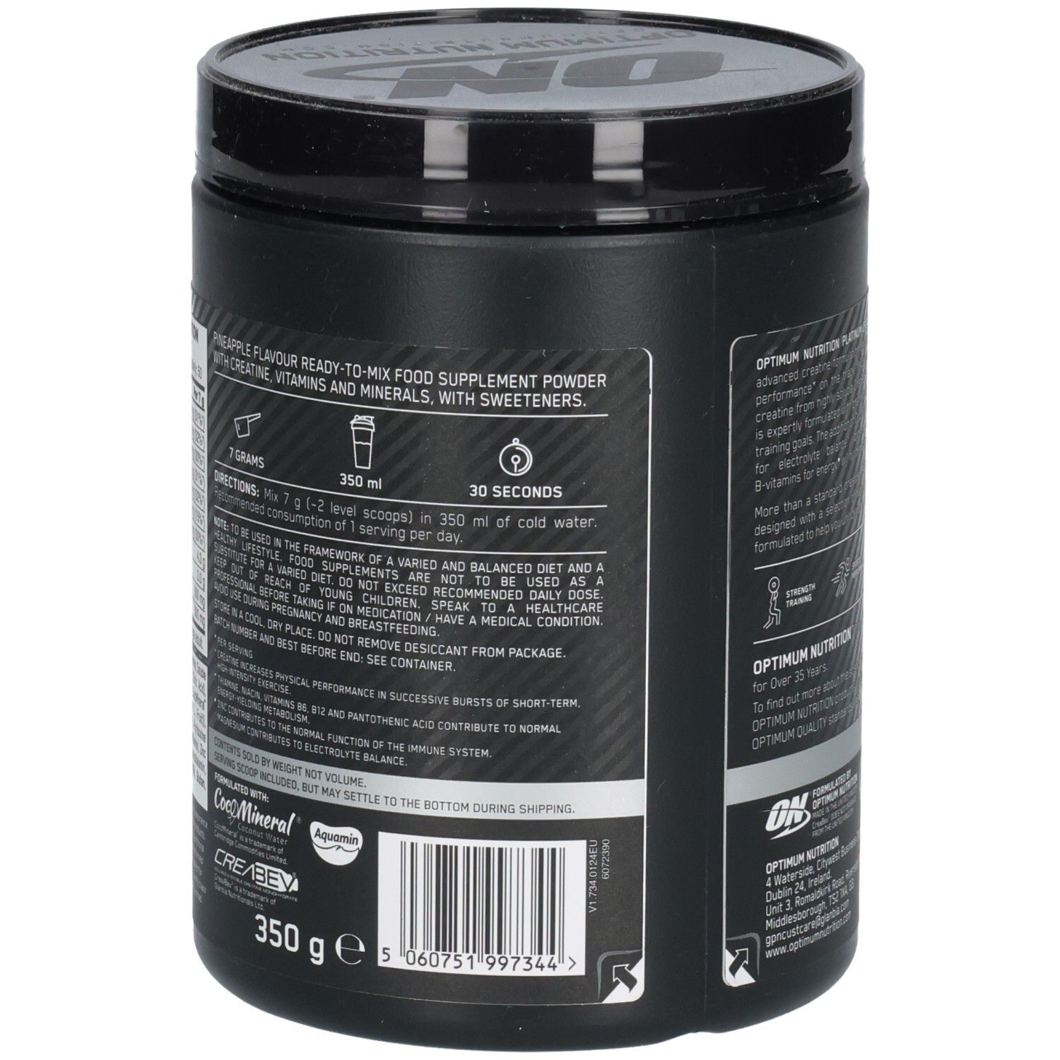 Schwarze Dose, Rückseite. Text: Zubereitungshinweise, Inhaltsstoffe. 350 ml kaltes Wasser, 30 Sekunden schütteln.