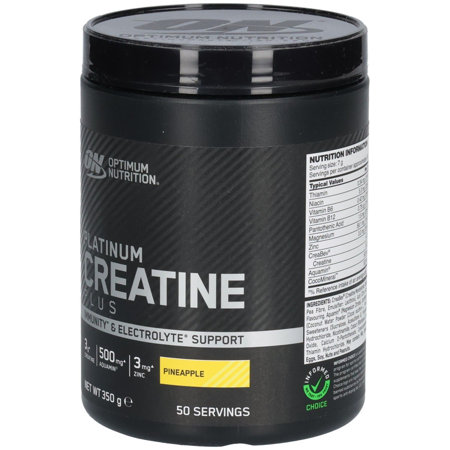 Schwarze Dose mit Deckel. Aufschrift: Platinum Creatine Plus, Optimum Nutrition. Gelbes Feld: Pineapple. 50 Portionen. Nährwertangaben.