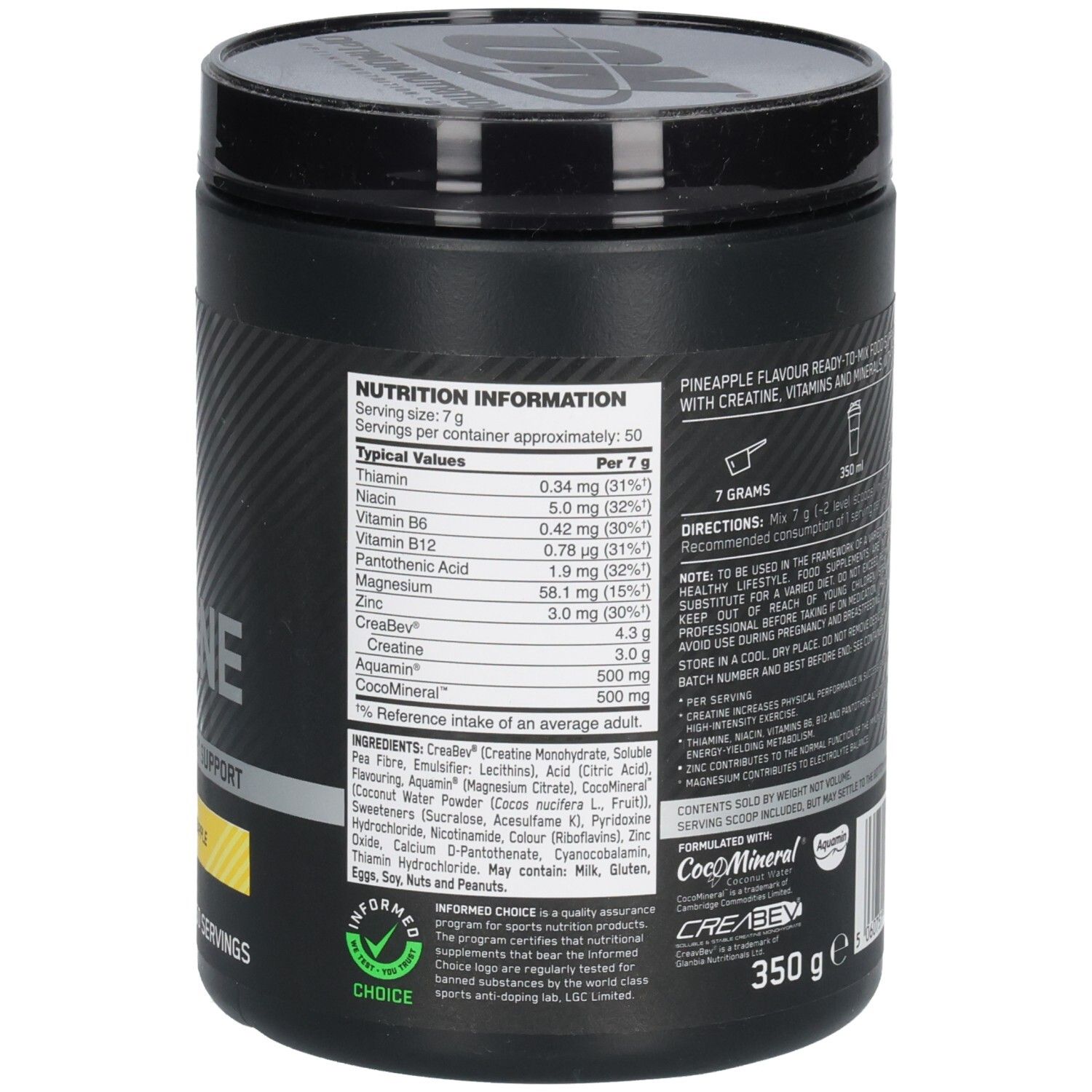 Schwarze Dose, Rückseite. Nährwertangaben, Inhaltsstoffe. Text: Pineapple flavour ready-to-mix food supplement powder.