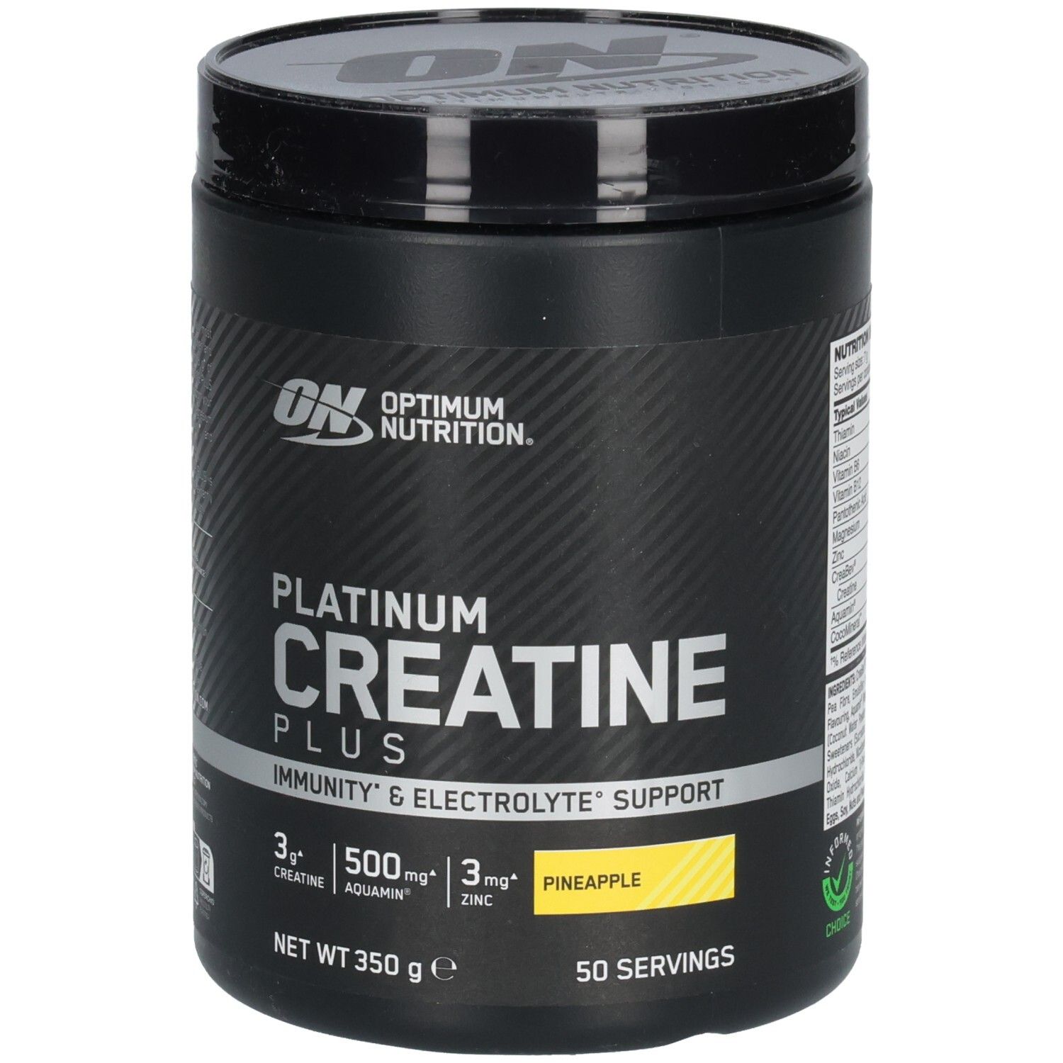 Schwarze Dose mit Deckel. Aufschrift: Platinum Creatine Plus, Optimum Nutrition. Gelbes Feld: Pineapple. 50 Portionen.