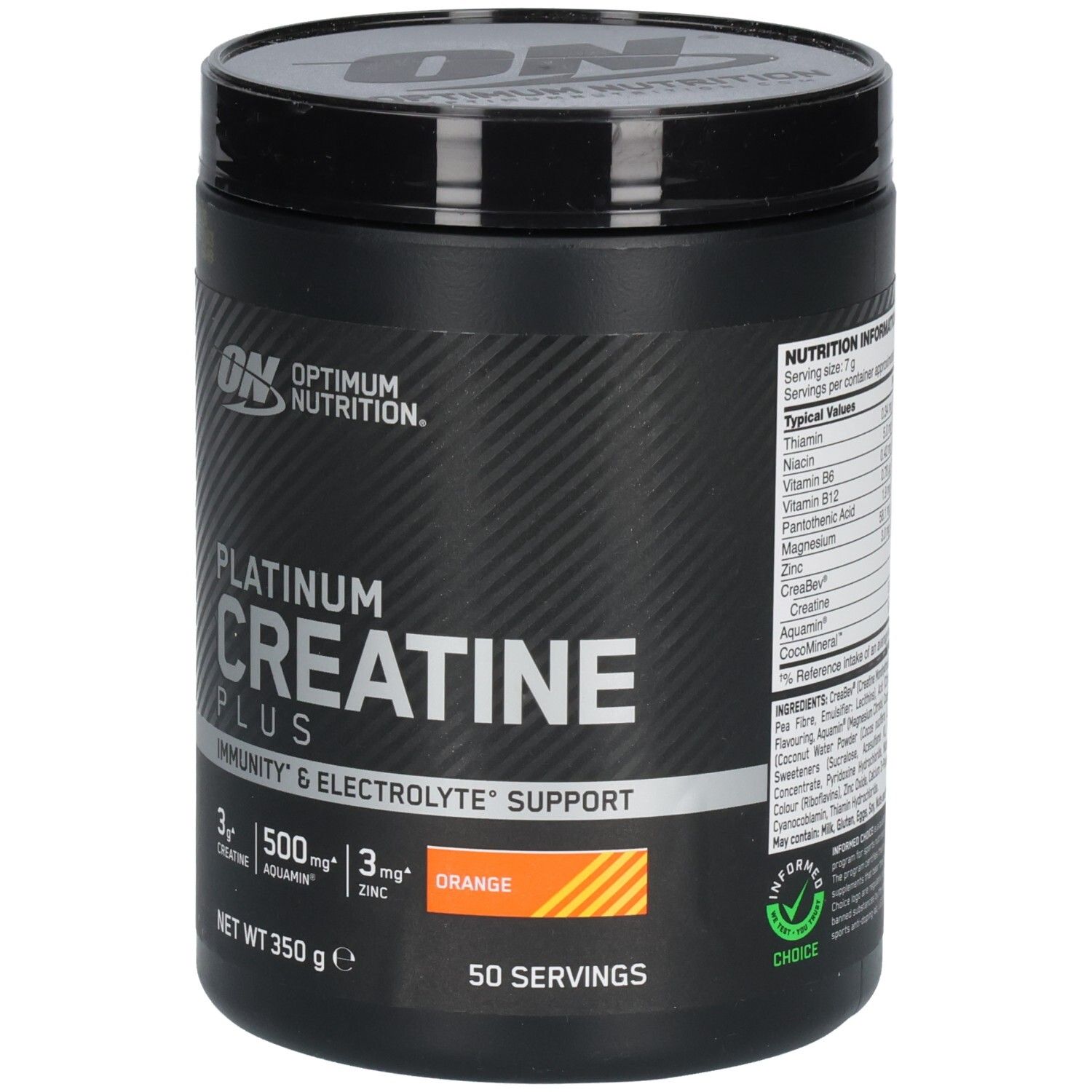 Schwarze Dose mit "Optimum Nutrition" und "Platinum Creatine Plus". Orangefarbenes Feld. 50 Portionen.