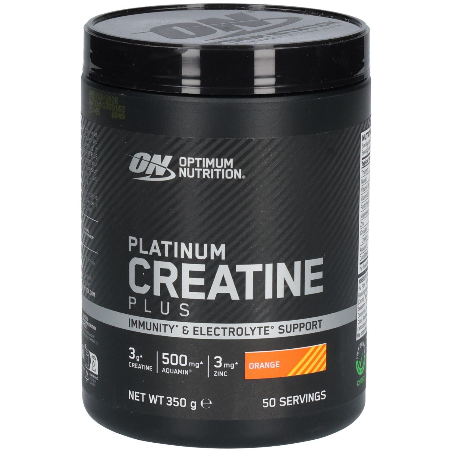 Schwarze Dose mit "Optimum Nutrition" und "Platinum Creatine Plus". Orangefarbenes Feld. 50 Portionen.