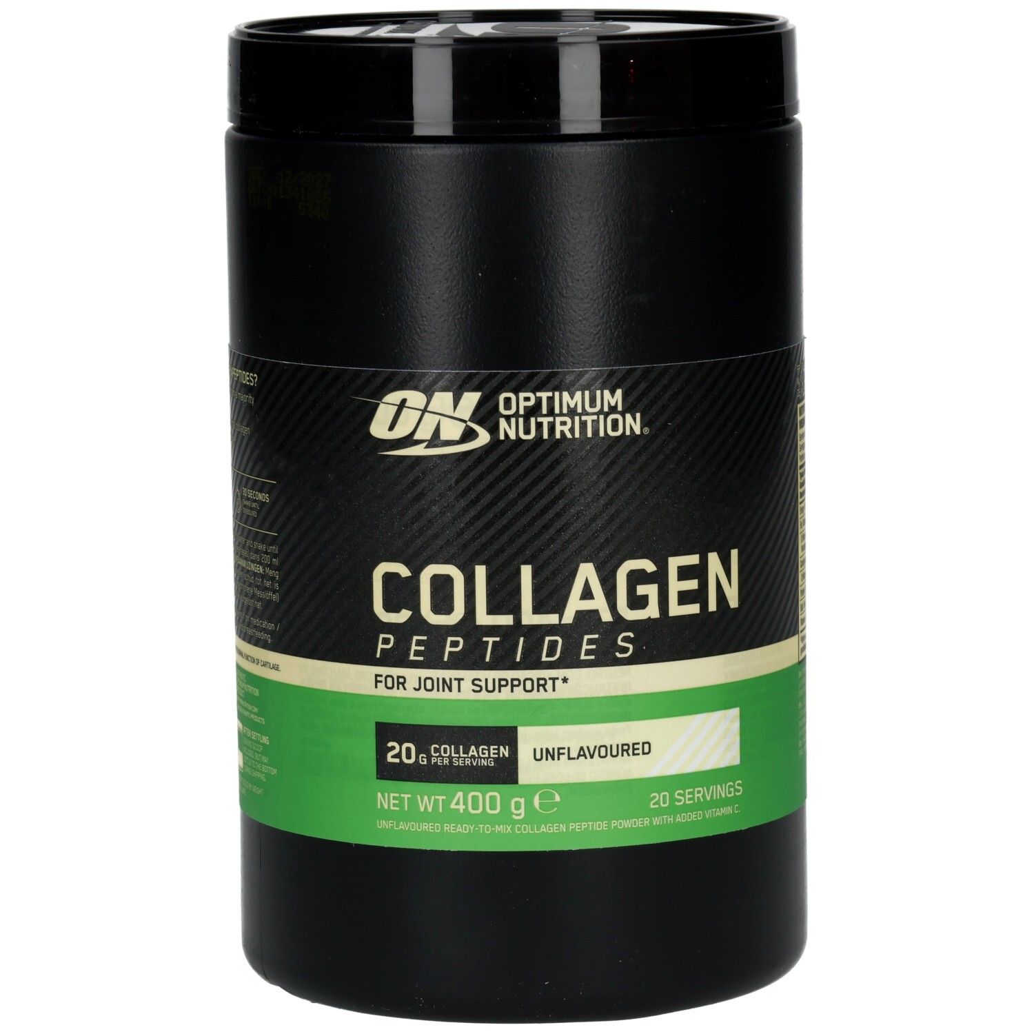 Schwarzer Behälter mit ON-Logo und Aufschrift Collagen Peptides. Grün-weiße Banderole mit Produktinformationen.