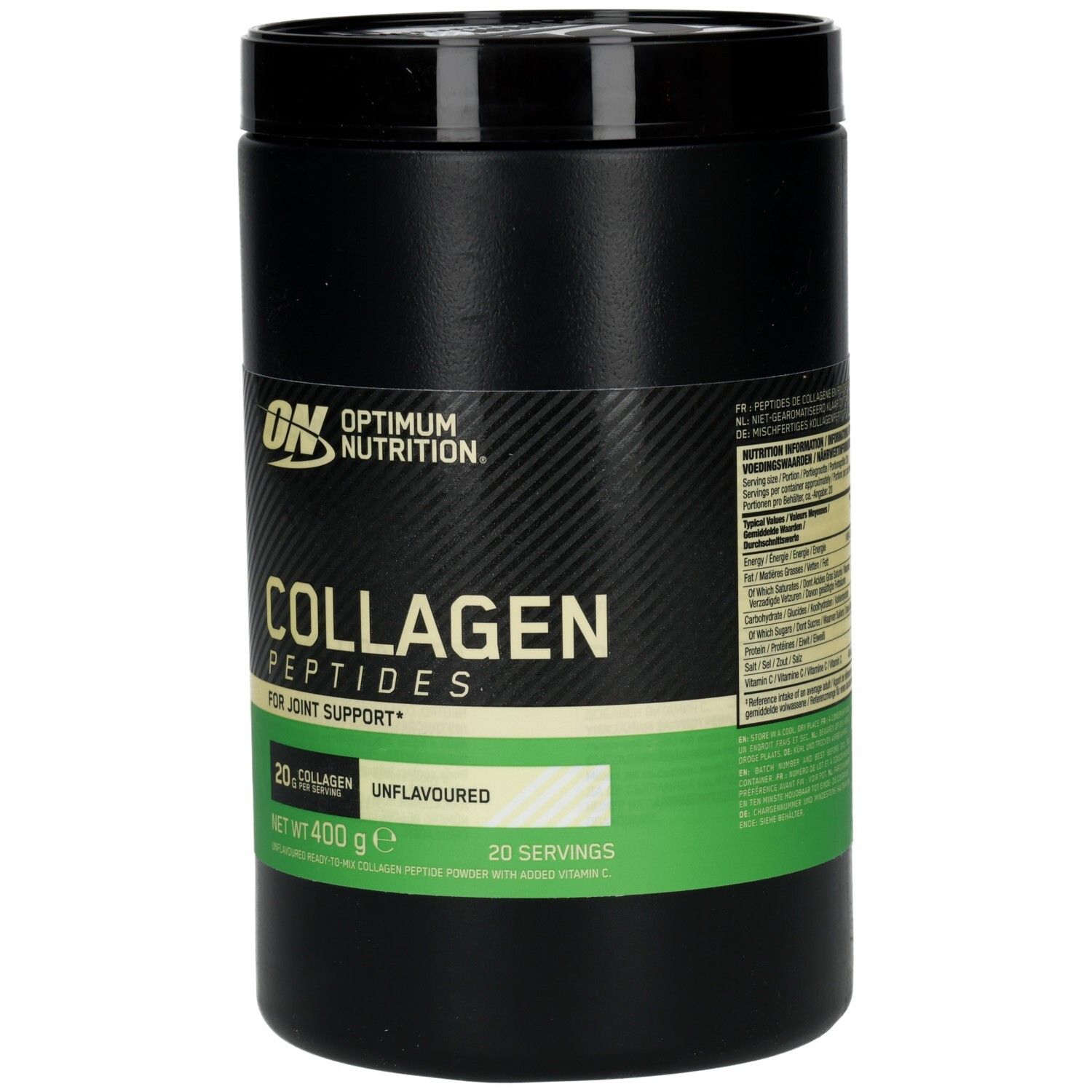 Schwarzer Behälter mit ON-Logo und Aufschrift Collagen Peptides. Grün-weiße Banderole mit Produktinformationen.
