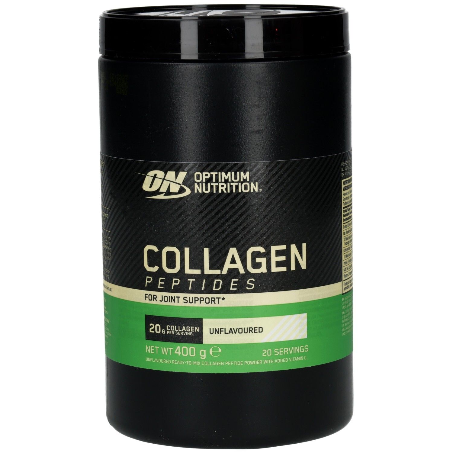 Schwarzer Behälter mit ON-Logo und Aufschrift Collagen Peptides. Grün-weiße Banderole mit Produktinformationen.