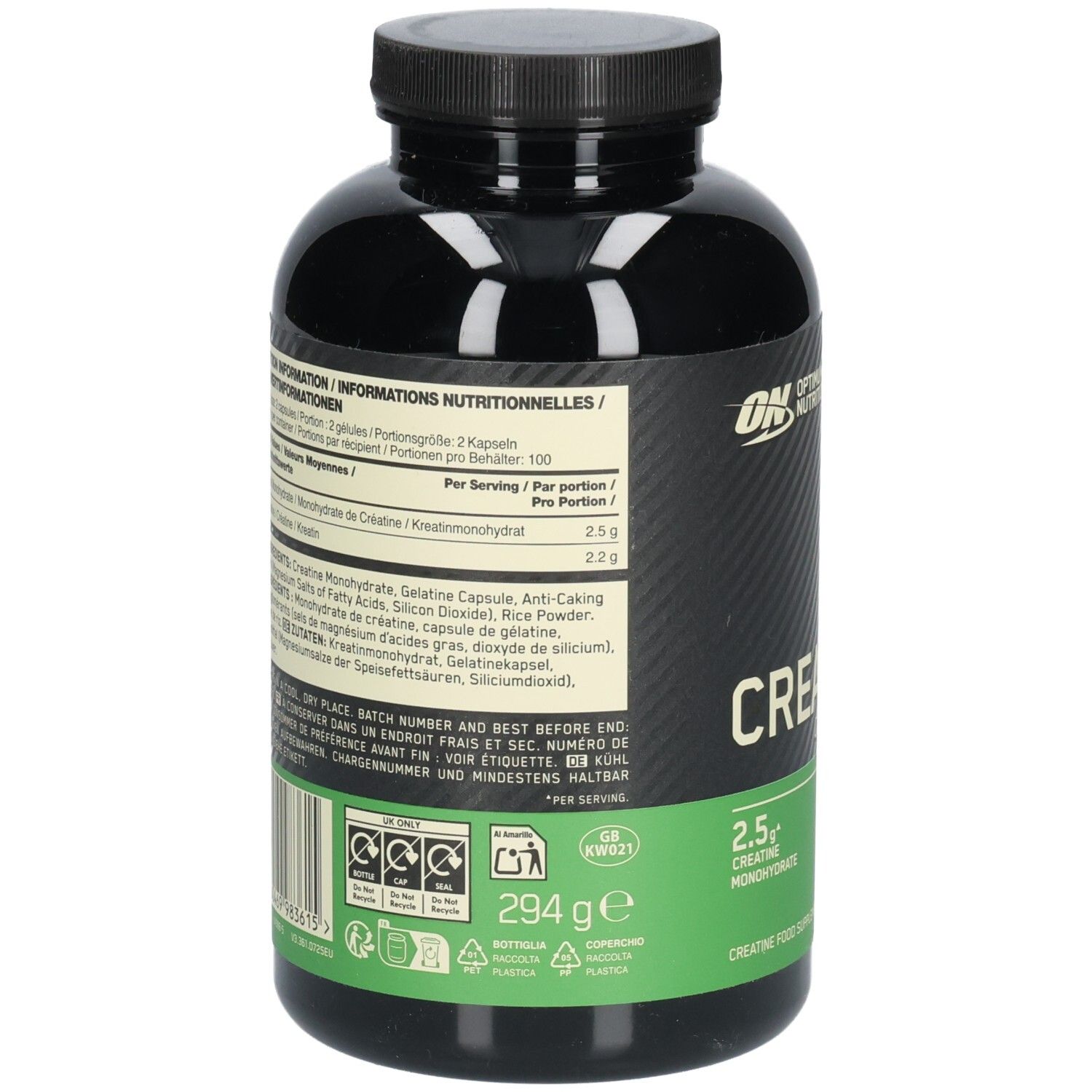Rückseite der Flasche mit Nährwertangaben und Inhaltsstoffen. Enthält Creatine Monohydrate. 294g. Informationen in Deutsch, Englisch, Französisch, Italienisch.