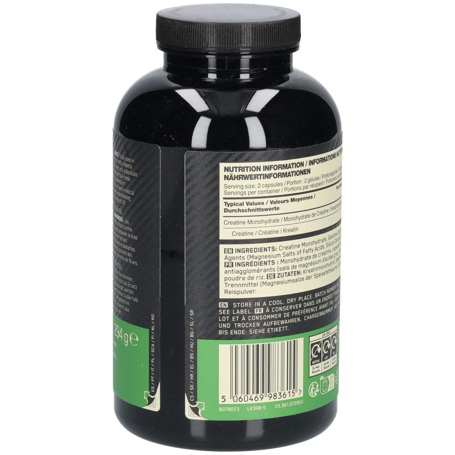 Rückseite der Flasche mit Nährwertangaben und Inhaltsstoffen. Enthält Creatine Monohydrate. 294g. Informationen in Deutsch, Englisch, Französisch, Italienisch.