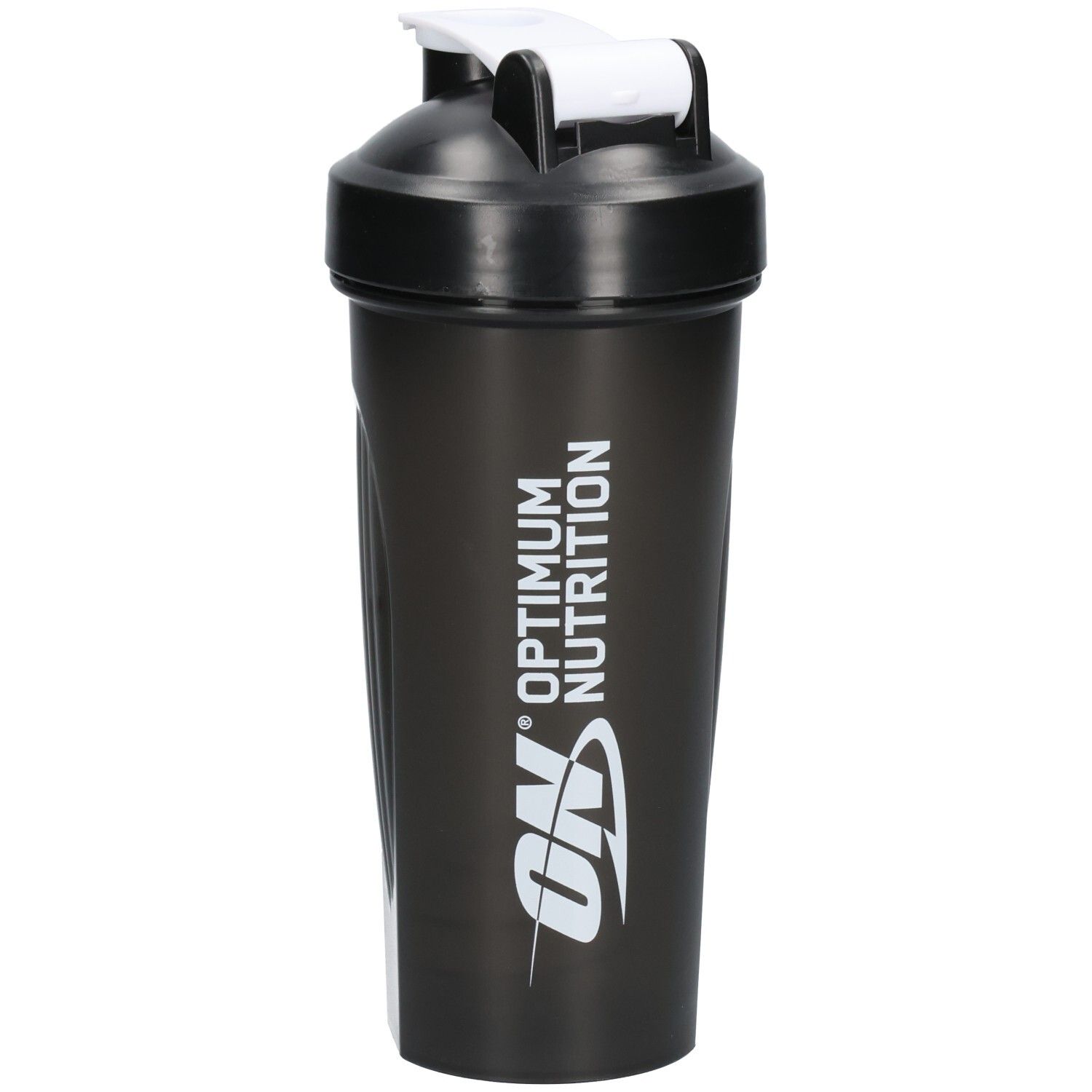 Schwarzer Shaker mit weißem Deckel. Aufschrift: OPTIMUM NUTRITION. Logo: ON.