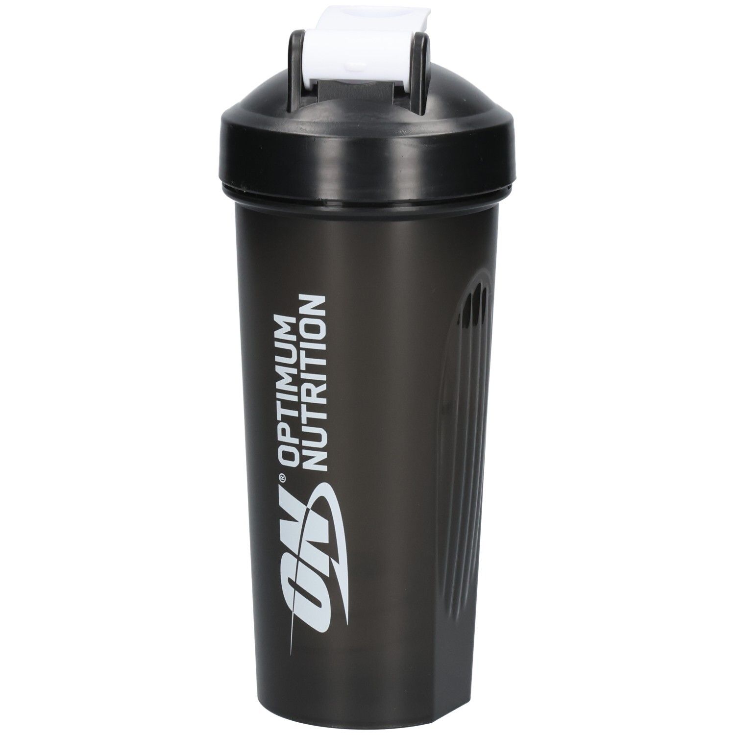 Schwarzer Shaker mit weißem Deckel. Aufschrift: OPTIMUM NUTRITION. Logo: ON.