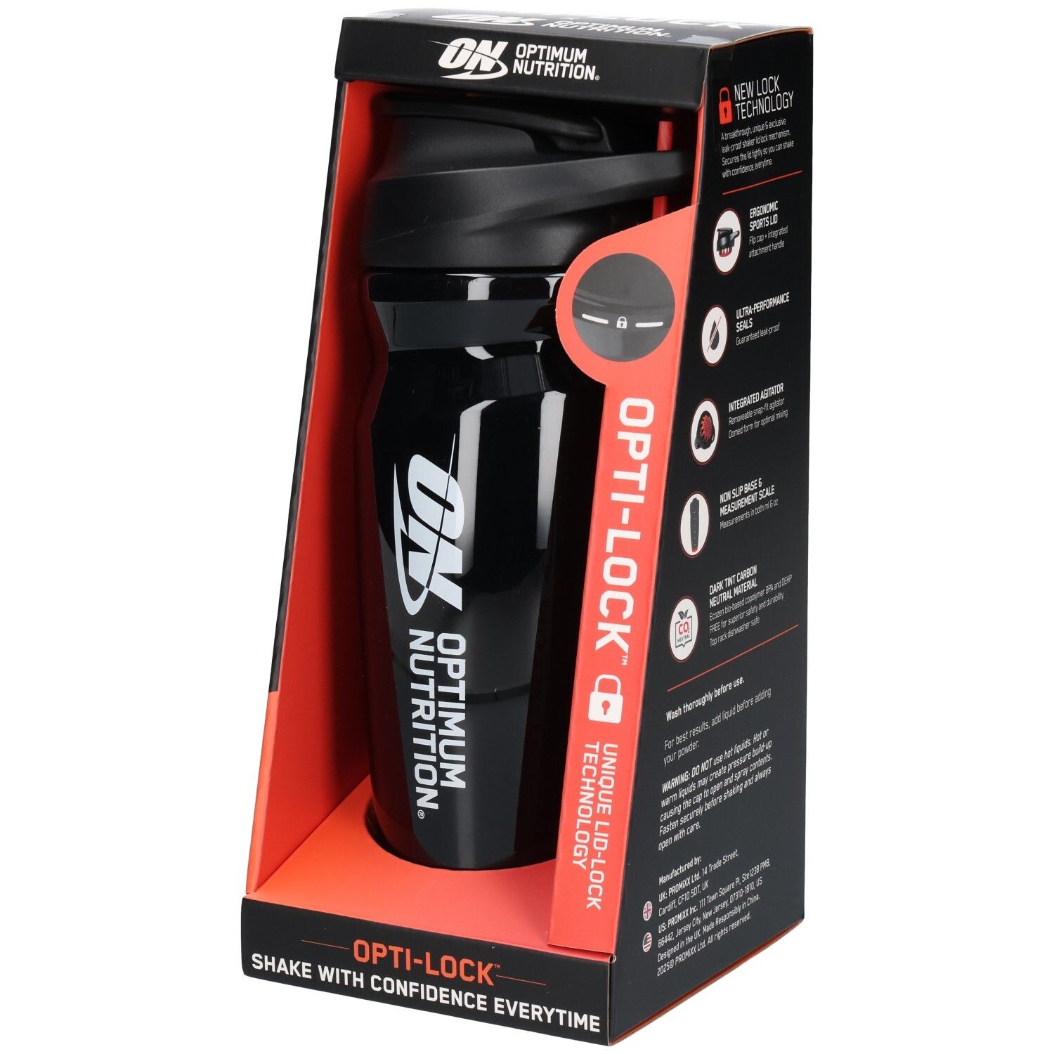 Schwarzer Shaker in Verpackung. Marke OPTIMUM NUTRITION, Opti-Lock-Technologie. Schwarzer Deckel, weißes Logo. Rote und schwarze Verpackung.