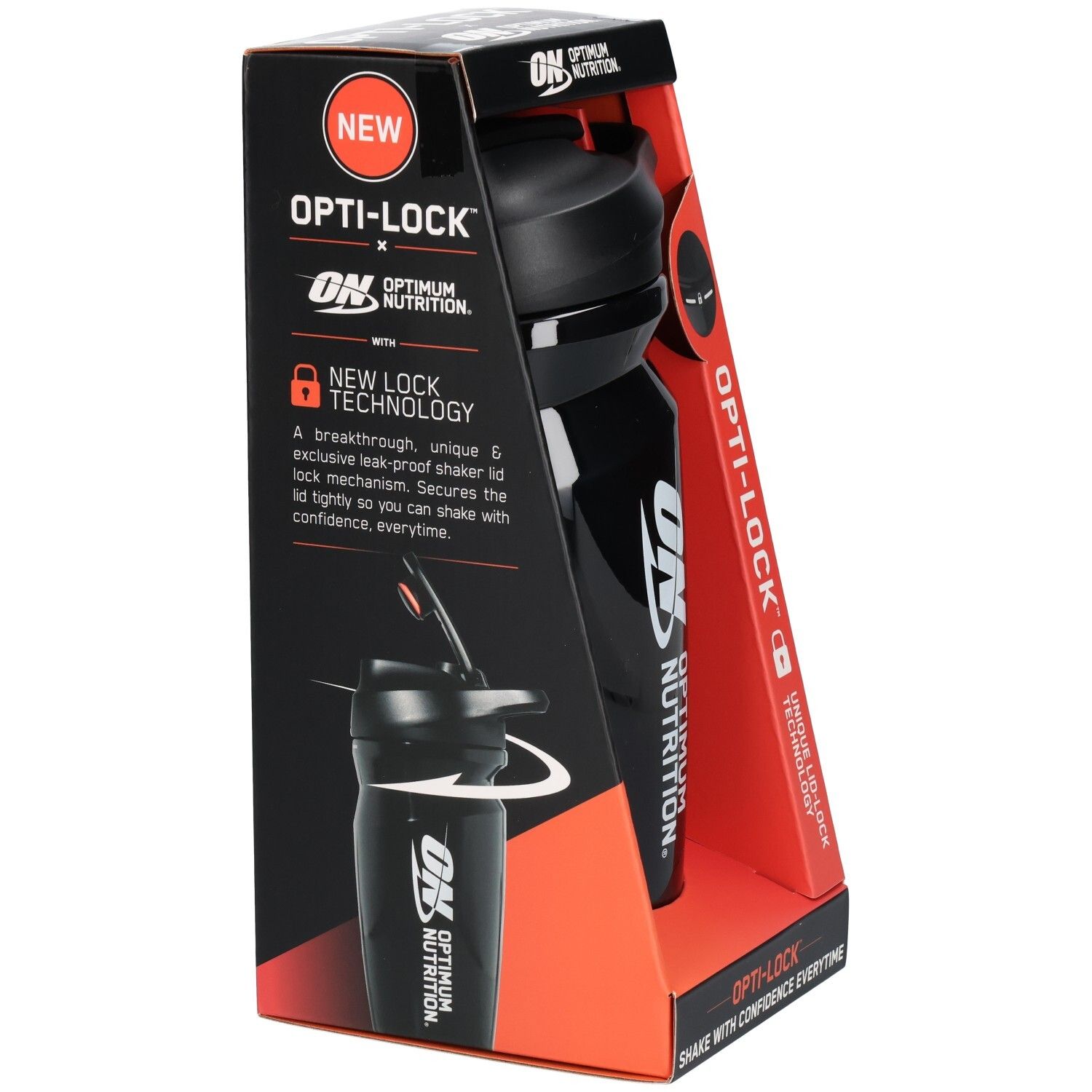 Schwarzer Shaker in Verpackung. Marke OPTIMUM NUTRITION, Opti-Lock. Schwarzer Deckel, weißes Logo. Rote und schwarze Verpackung.