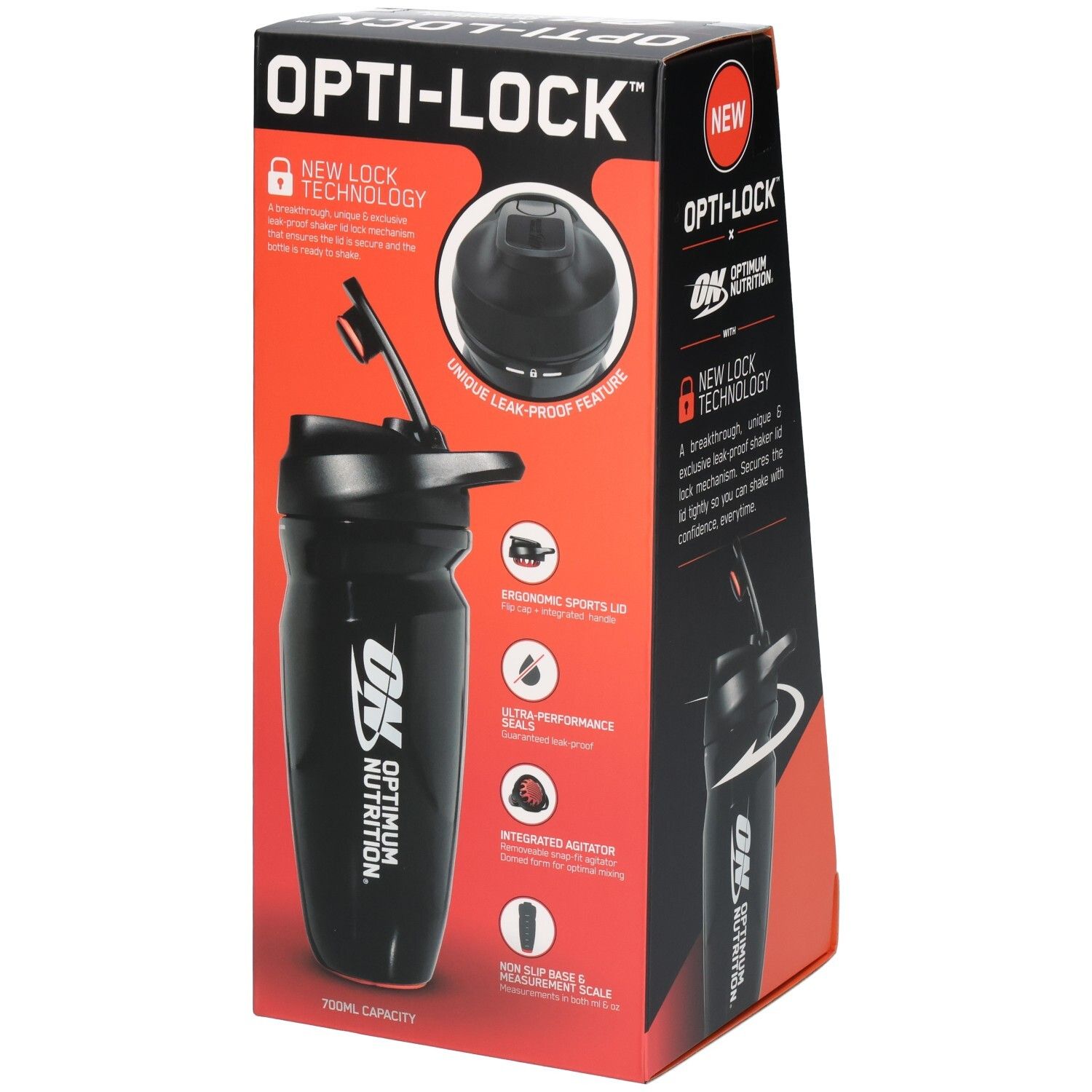 Schwarzer Shaker in Verpackung. Marke OPTIMUM NUTRITION, Opti-Lock. Schwarzer Deckel, weißes Logo. Rote und schwarze Verpackung.