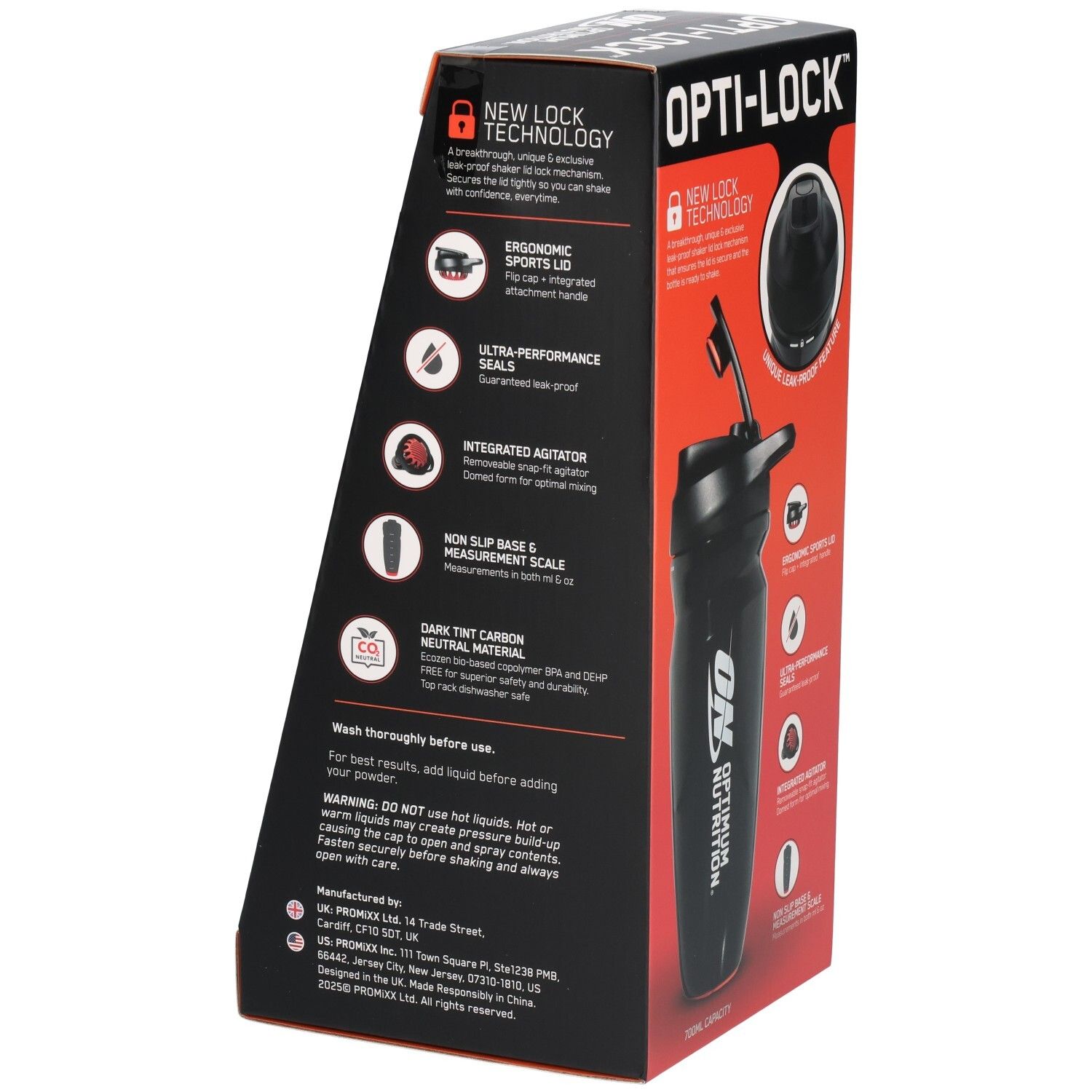Rückseite der Verpackung. Schwarzer Shaker, Marke OPTIMUM NUTRITION. Opti-Lock-Technologie. Rote und schwarze Verpackung. Produktmerkmale.