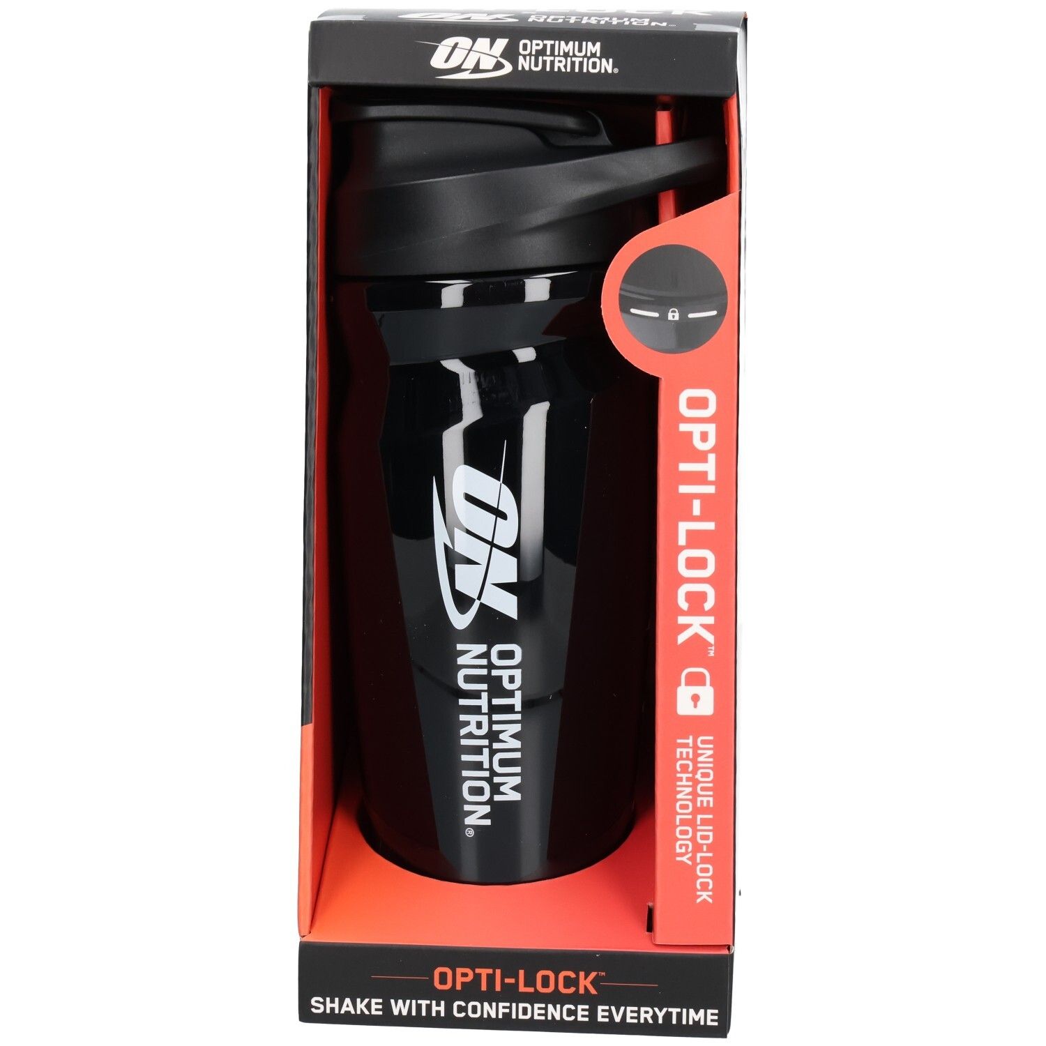 Schwarzer Shaker in Verpackung. Marke OPTIMUM NUTRITION, Opti-Lock-Technologie. Schwarzer Deckel, weißes Logo. Rote und schwarze Verpackung.