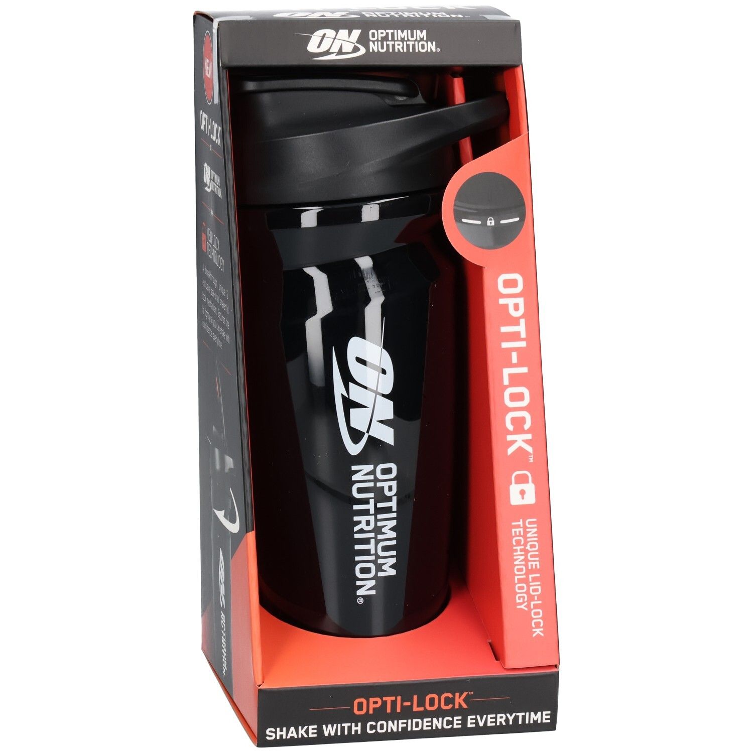 Schwarzer Shaker in Verpackung. Marke OPTIMUM NUTRITION, Opti-Lock-Technologie. Schwarzer Deckel, weißes Logo. Rote und schwarze Verpackung.