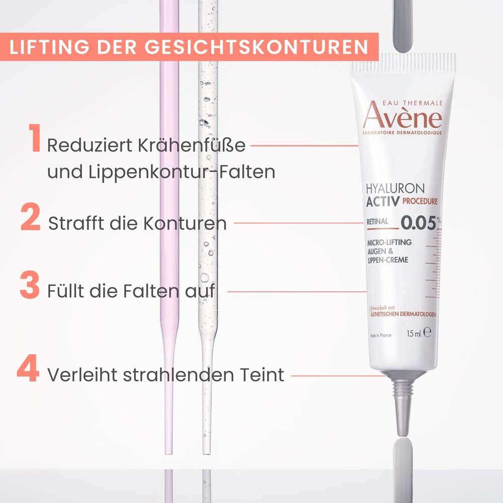Augencreme von Avène. Weiße Tube mit silberner Spitze. Text: Hyaluron Activ Procedure, Retinal 0.05%, Micro-Lifting Augen & Lippen Creme. 15ml.