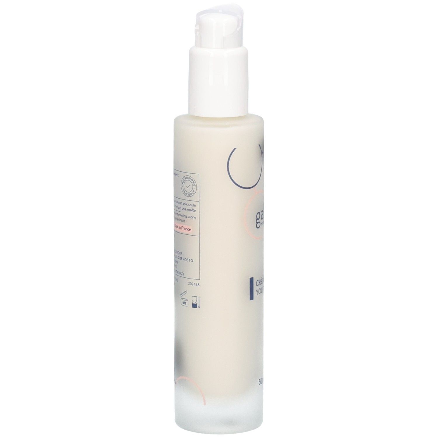 Rückseite der Flasche. Text und Logos. Aufschrift: Crème Jeunesse Youthful Cream.