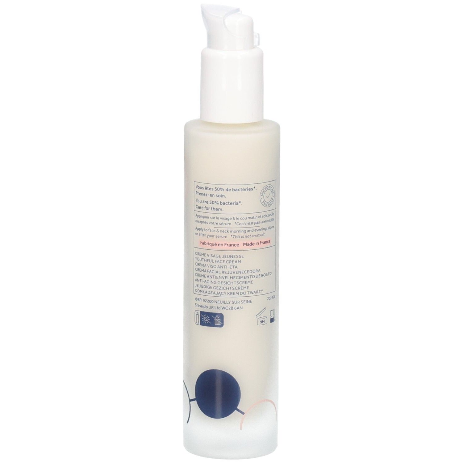 Rückseite der Flasche. Text und Logos. Aufschrift: Crème Jeunesse Youthful Cream.