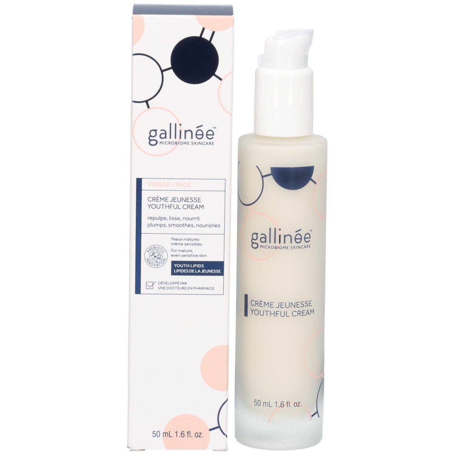 Verpackung. Aufschrift: gallinée, Crème Jeunesse Youthful Cream. Text: Repulpe, lisse, nourrit.