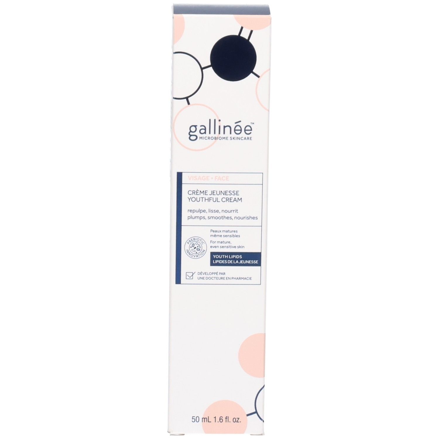 Creme-Flasche und Verpackung. Aufschrift: gallinée, Crème Jeunesse Youthful Cream. 50 ml.