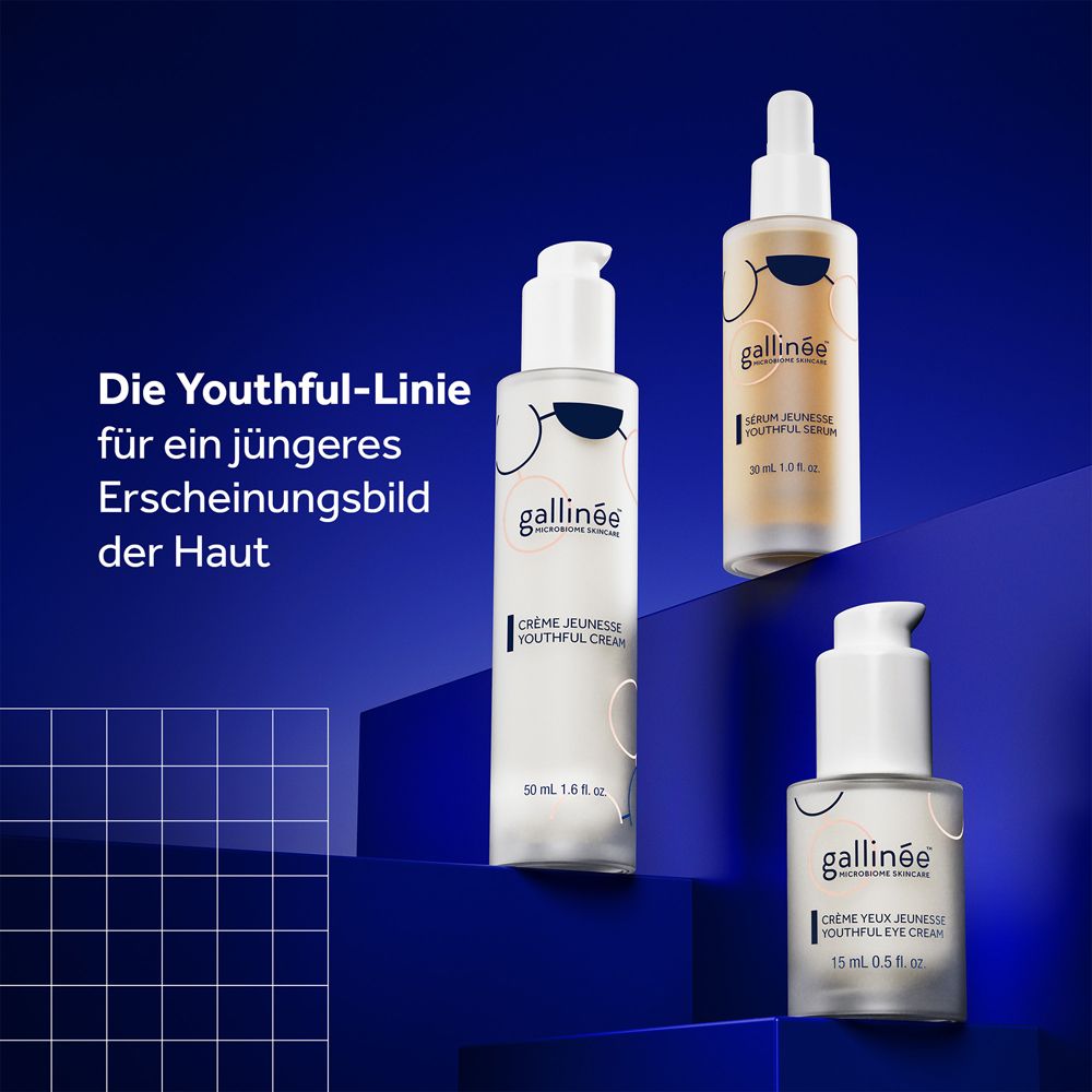 Drei Produkte. Creme, Serum, Augencreme. Text: Die Youthful-Linie für ein jüngeres Erscheinungsbild.