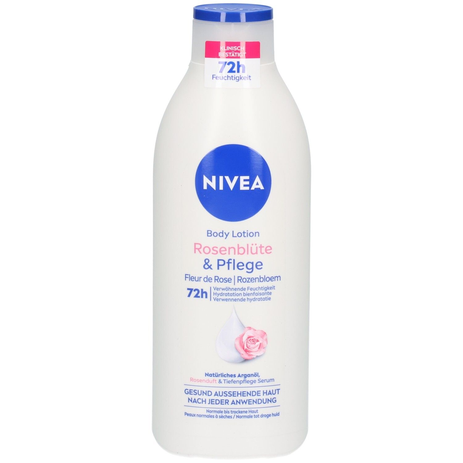 Weiße Flasche mit blauem Deckel und Etikett. Aufschrift: NIVEA Body Lotion Repair & Care. Enthält 10% Glycerin.