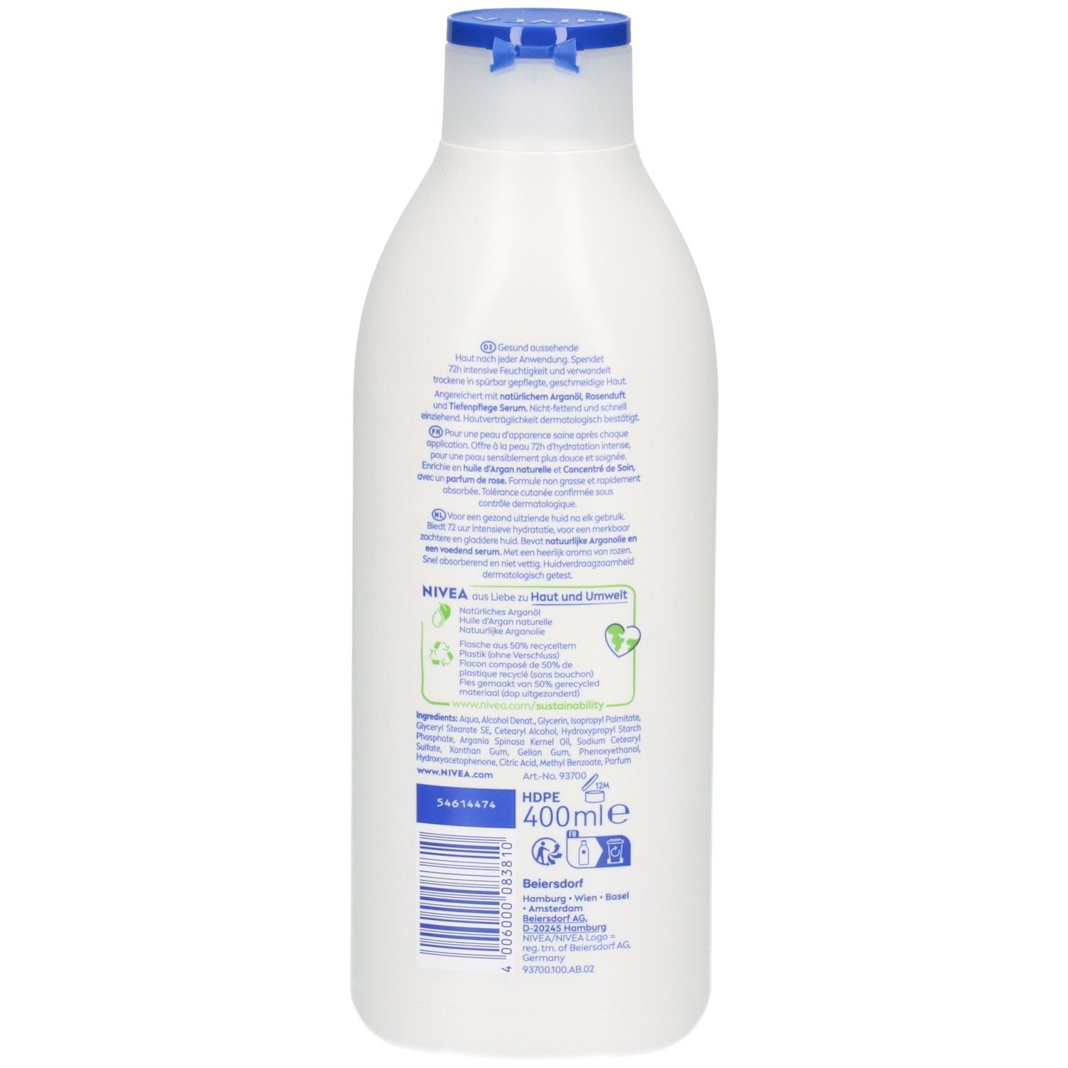 Rückseite einer weißen Flasche. Enthält Textinformationen und einen Barcode. Aufschrift: 400ml.