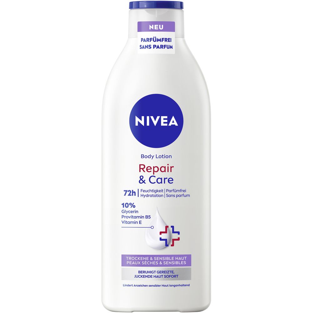 Weiße Flasche mit blauem Deckel. Aufschrift: NIVEA, Body Lotion, Repair & Care, 72h Feuchtigkeit, 10% Glycerin, Provitamin B5, Vitamin E.