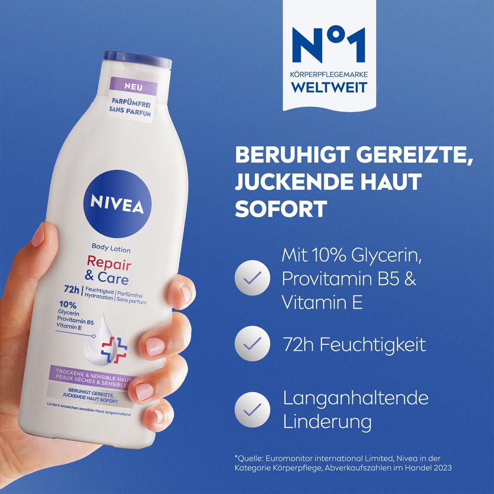 Hand hält Flasche. Text: Beruhigt gereizte, juckende Haut sofort. Mit 10% Glycerin, Provitamin B5 & Vitamin E, 72h Feuchtigkeit.