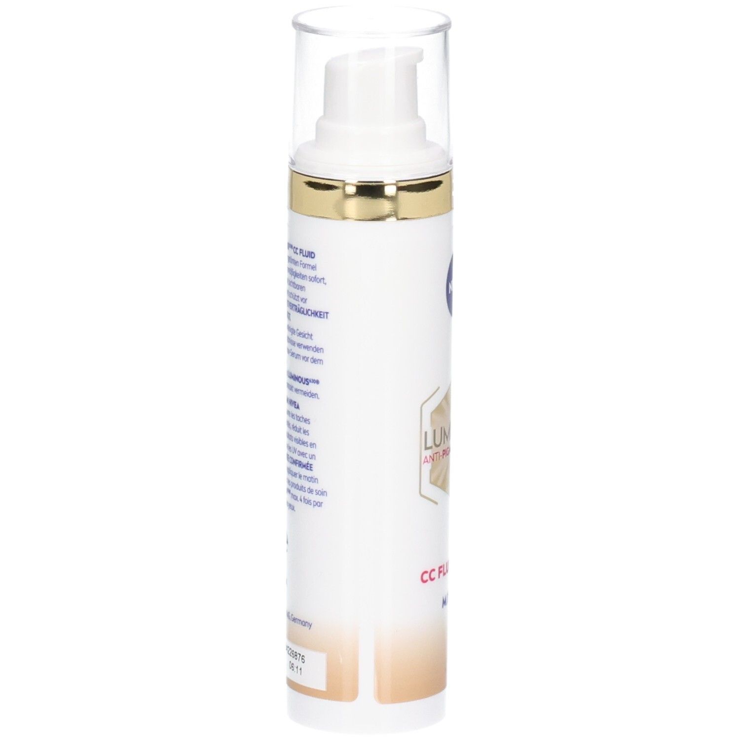 Weiße Flasche mit Text. NIVEA, Luminous630 Anti Pigmentflecken, CC Fluid LSF 30 Mittel. Goldener Ring.