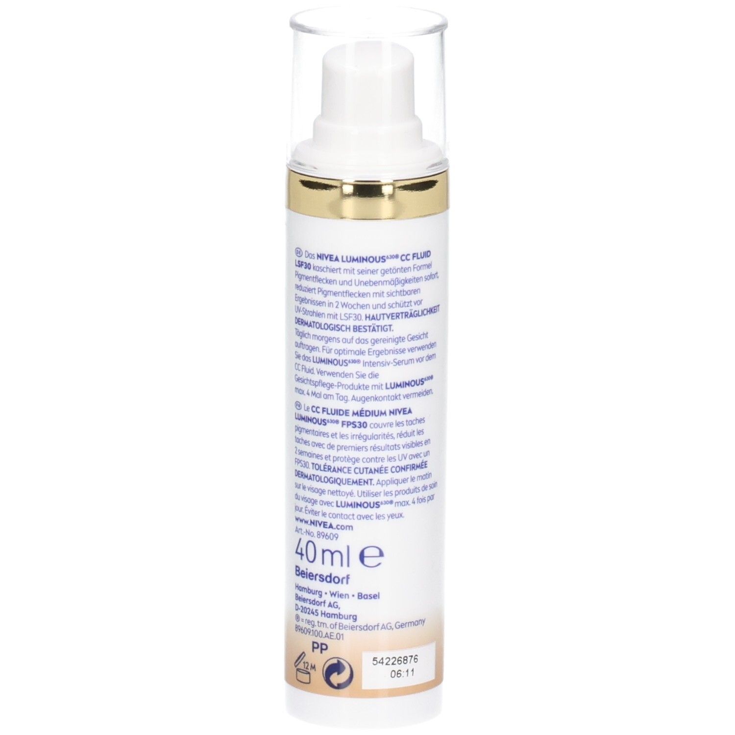 Rückseite der Flasche. Text in Deutsch. NIVEA Luminous630 CC Fluid LSF 30. 40ml. Herstelleradresse.
